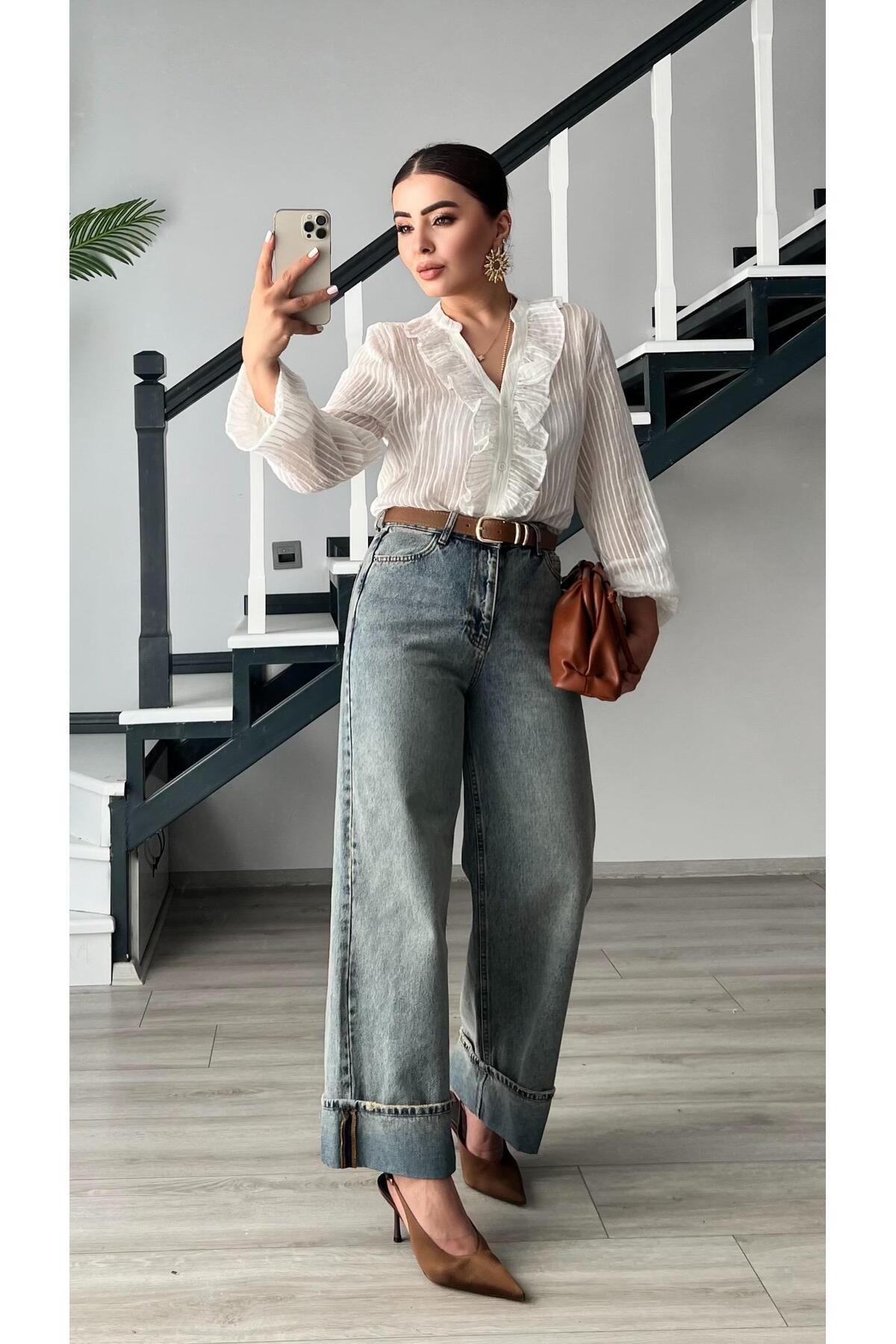 Oslove  Mavi Tintli Paça Katlama Detaylı Jean - Görsel 5