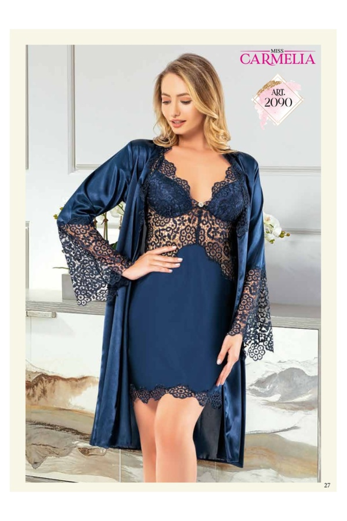 miss carmelia Sabahlıklı Saten Gecelik Takımı-2090 Lacivert
