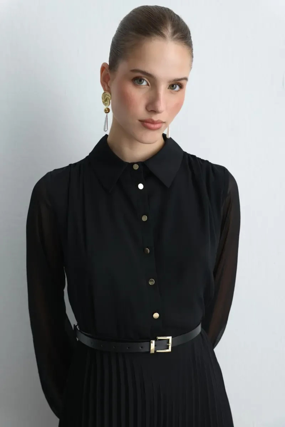 Gusto  Pilise Uzun Şifon Elbise - Siyah - Görsel 5