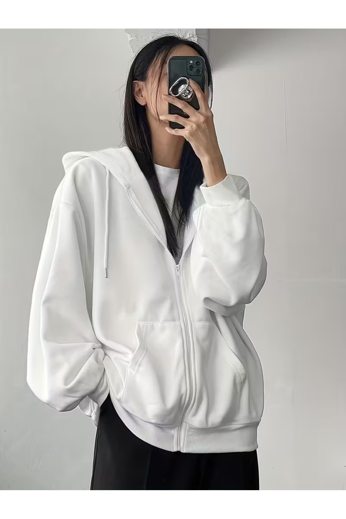 pandy Unisex Tam Fermuarlı Kanguru Cepli 2 İplik Şardonlu Fermuarlı Sweatshirt / Hırka görsel 3