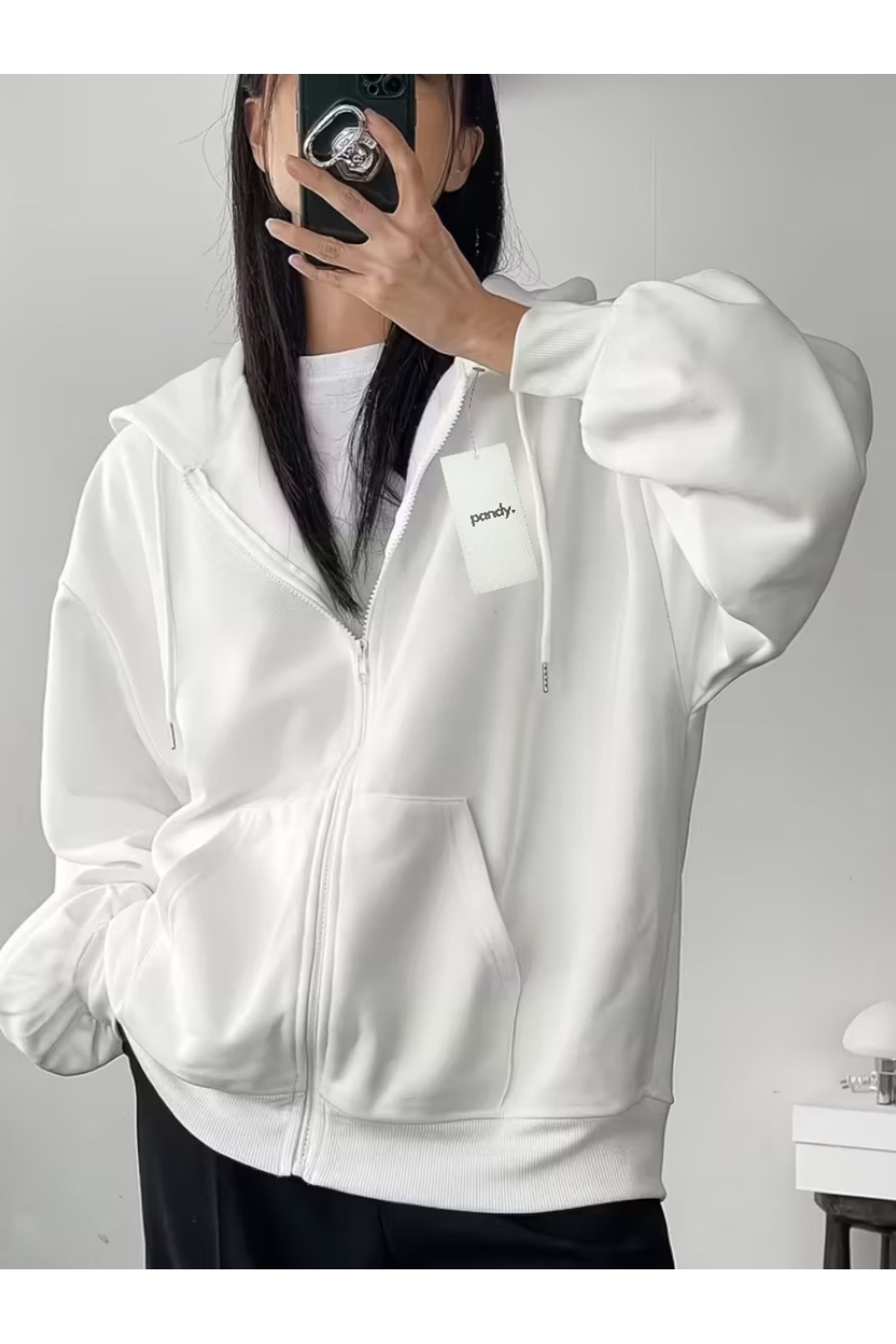 pandy Unisex Tam Fermuarlı Kanguru Cepli 2 İplik Şardonlu Fermuarlı Sweatshirt / Hırka görsel 2