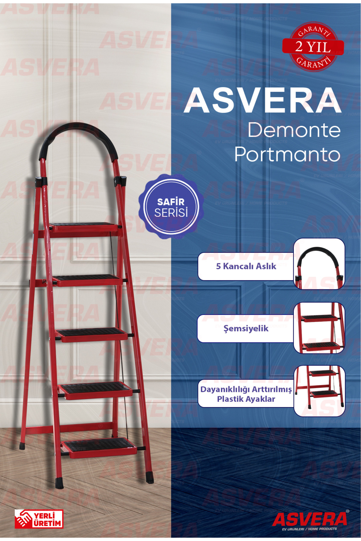 ASVERA Patika 5’li Ev Tipi Katlanır Merdiven | Ev, Bahçe ve Depo için Güvenli Hafif, Dayanıklı Tasarım