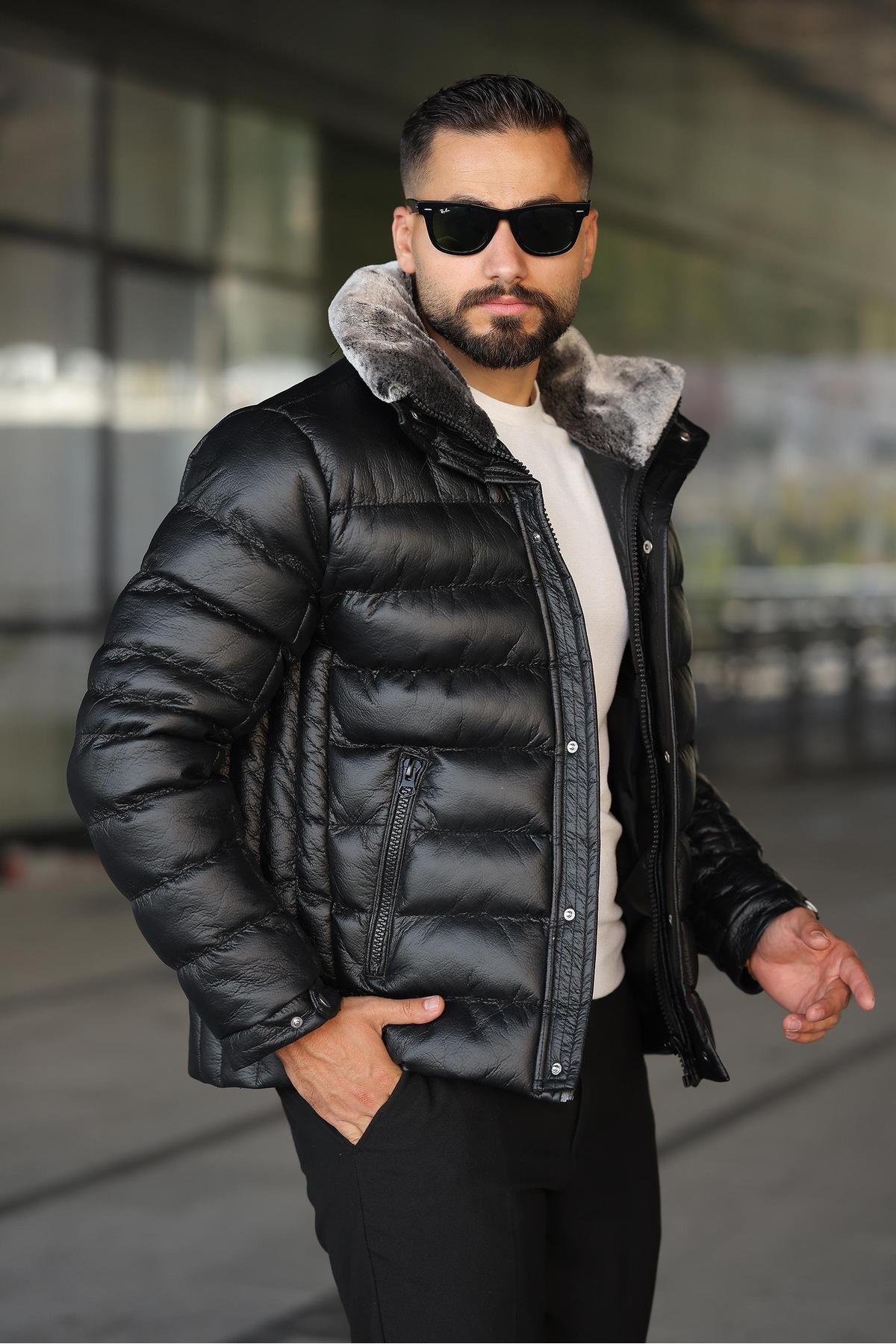 مانتو زمستانی روکش خز سنگی مردانه ضد آب و ضد باد — خاکستری 2311 — تصویر 3 از 5