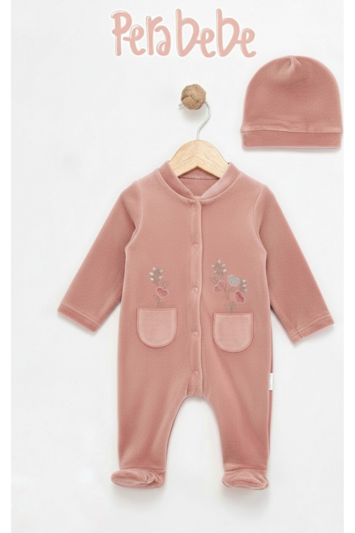 Pera Bebe Çiçek Nakışlı Bebek Tulumu Ve Şapkası Kışlık Kadife