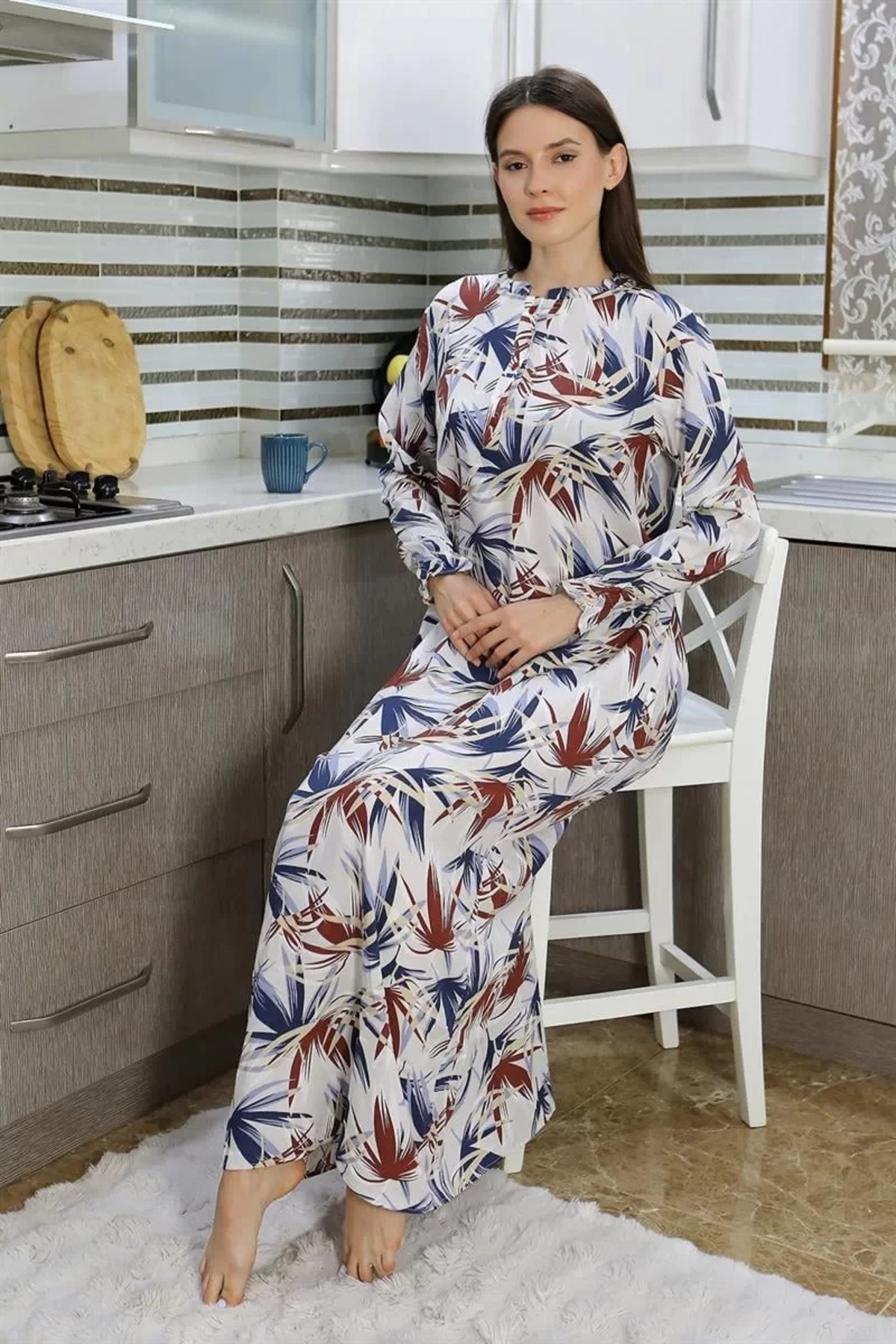 emosavm Moda Kadın Uzun Kol Penye Gecelik Ev Elbisesi Krem