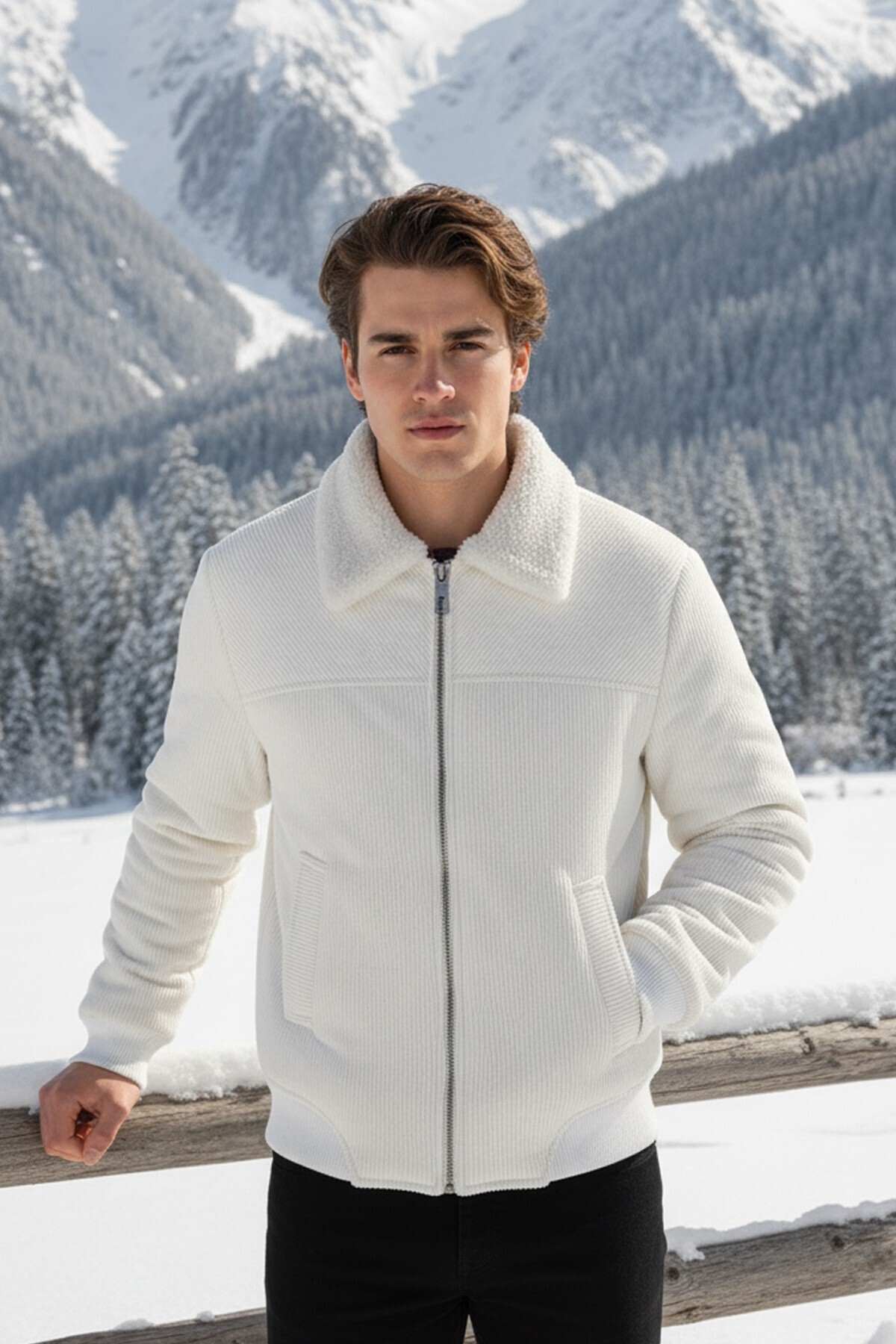 Men's Classic Collar Zippered White Velvet Jacket