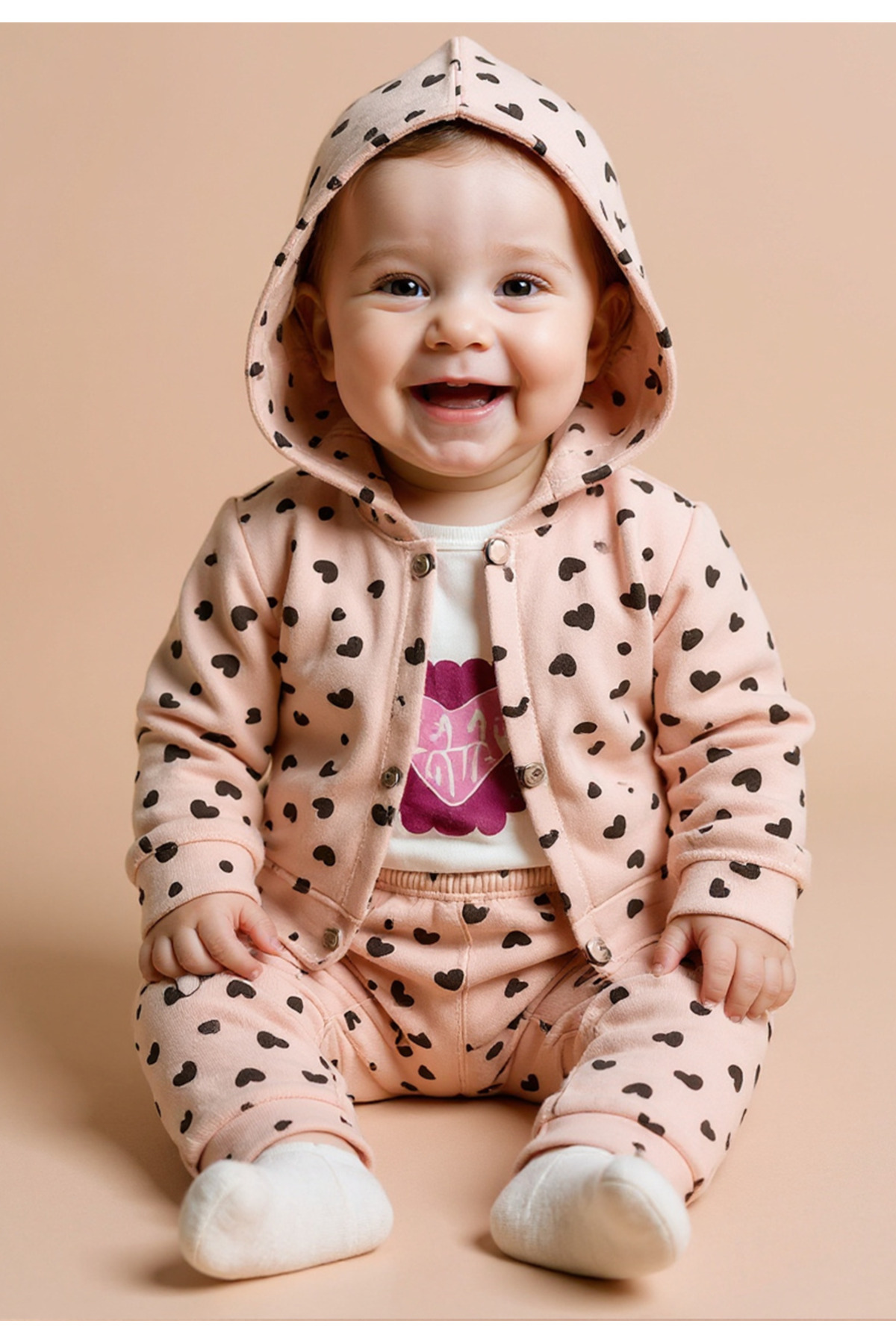 %100 Pamuk 3'lü Kız Bebek Takımı (Çıtçıtlı Badi + Hırka + Alt)