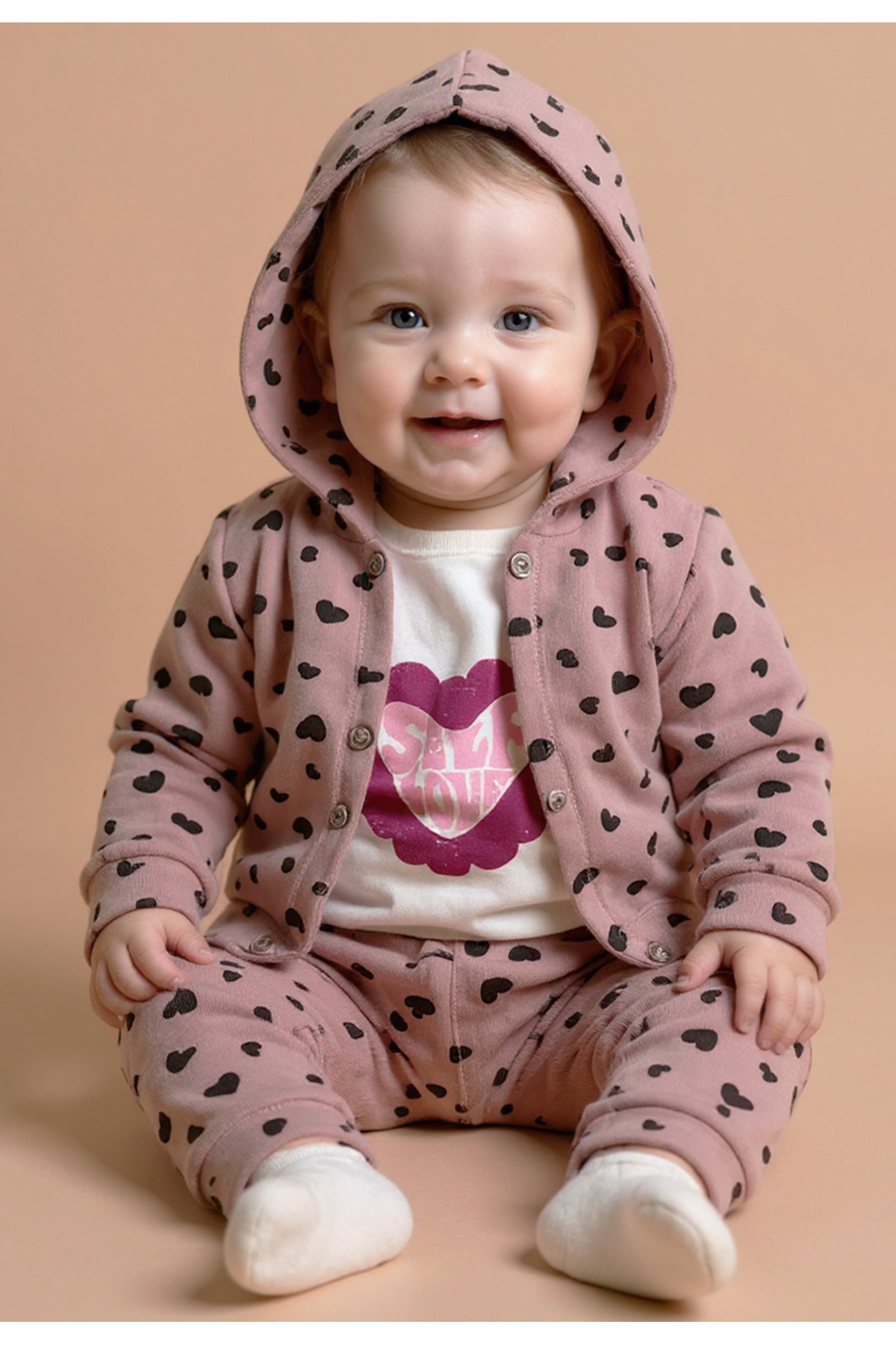 Tuabella %100 Pamuk 3'lü Kız Bebek Takımı (Çıtçıtlı Badi + Hırka + Alt)