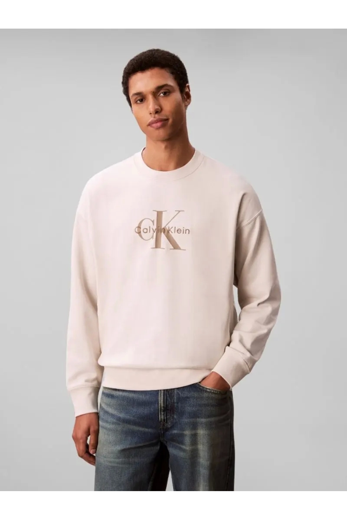 کلوین کلاین سویشرت مردانه یقه گرد مونولوگ، آستین بلند، 350 گرم پنبه، سفید، LV04RD242G-67U