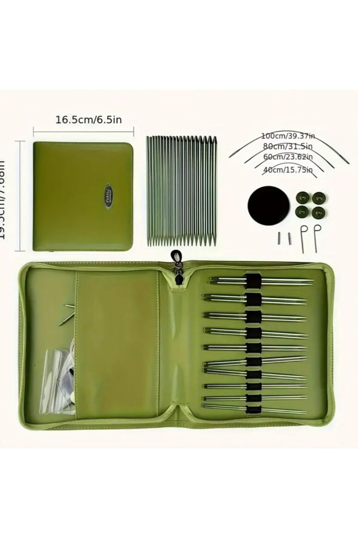 iğne izi yeşil çantalı misinalı şiş seti, örgü kiti, 10 çift şiş seti, çantalı şiş seti