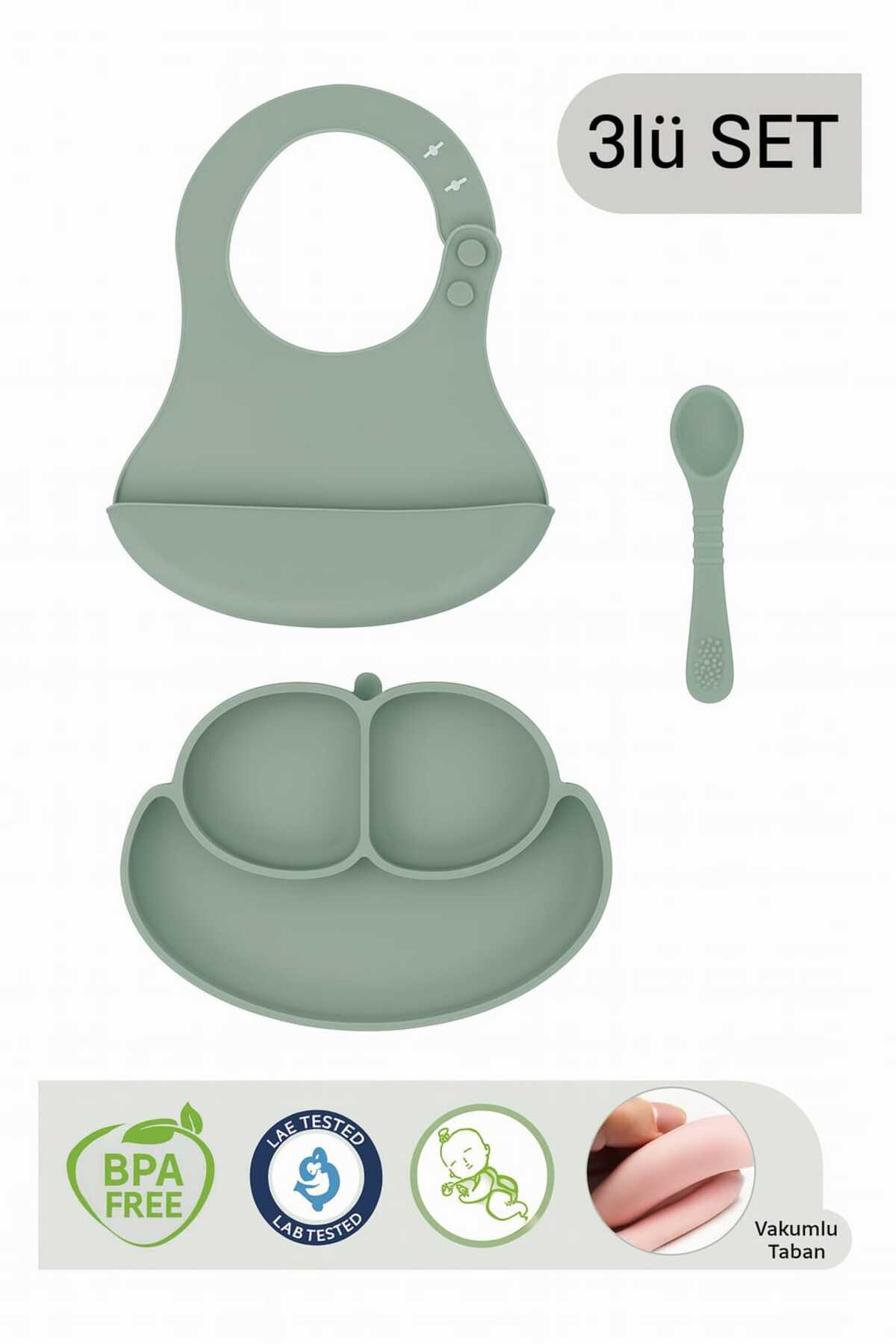 CKM silikon Mit Yeşili Silikon 3lü Bebek Beslenme Seti- Vakumlu Tabak Önlük Ve Kaşık Set