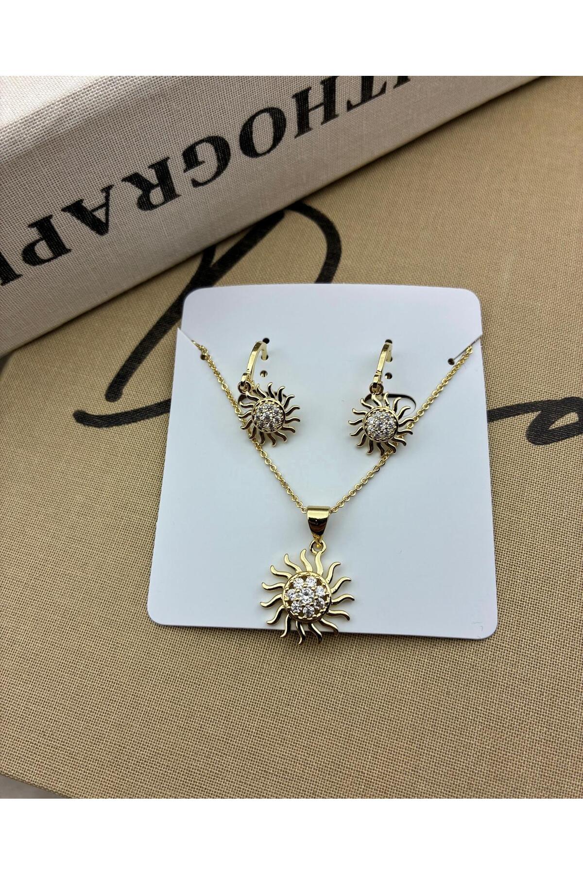 Hedef Bijuteri 14K Gold Renk Zirkon Taşlı Güneş Model Kolye Küpe Seti