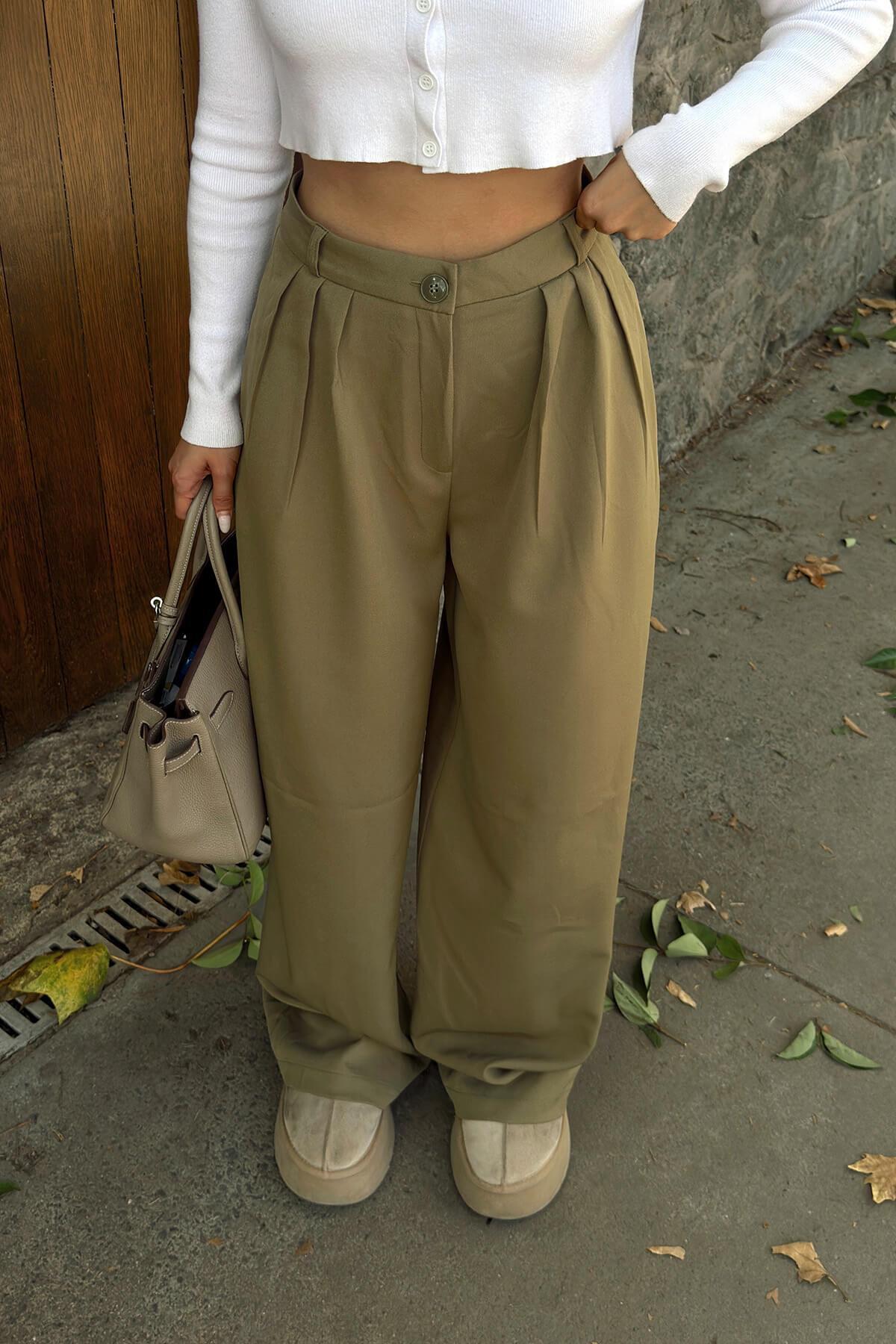 Swist  Haki 3 Pileli Yüksek Bel Cepli Bol Paça Kadın Palazzo Pantolon - Görsel 5