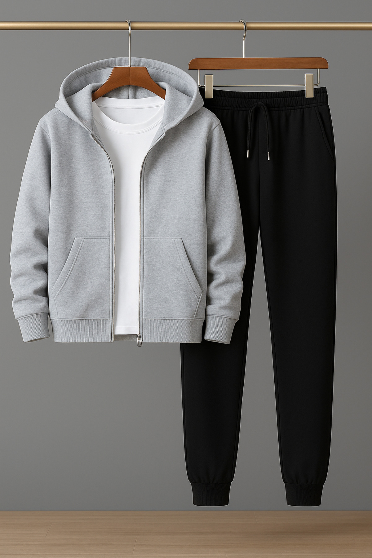 Trend Sizde Unisex γκρι φούτερ με κουκούλα με φερμουάρ και σετ αθλητικής φόρμας