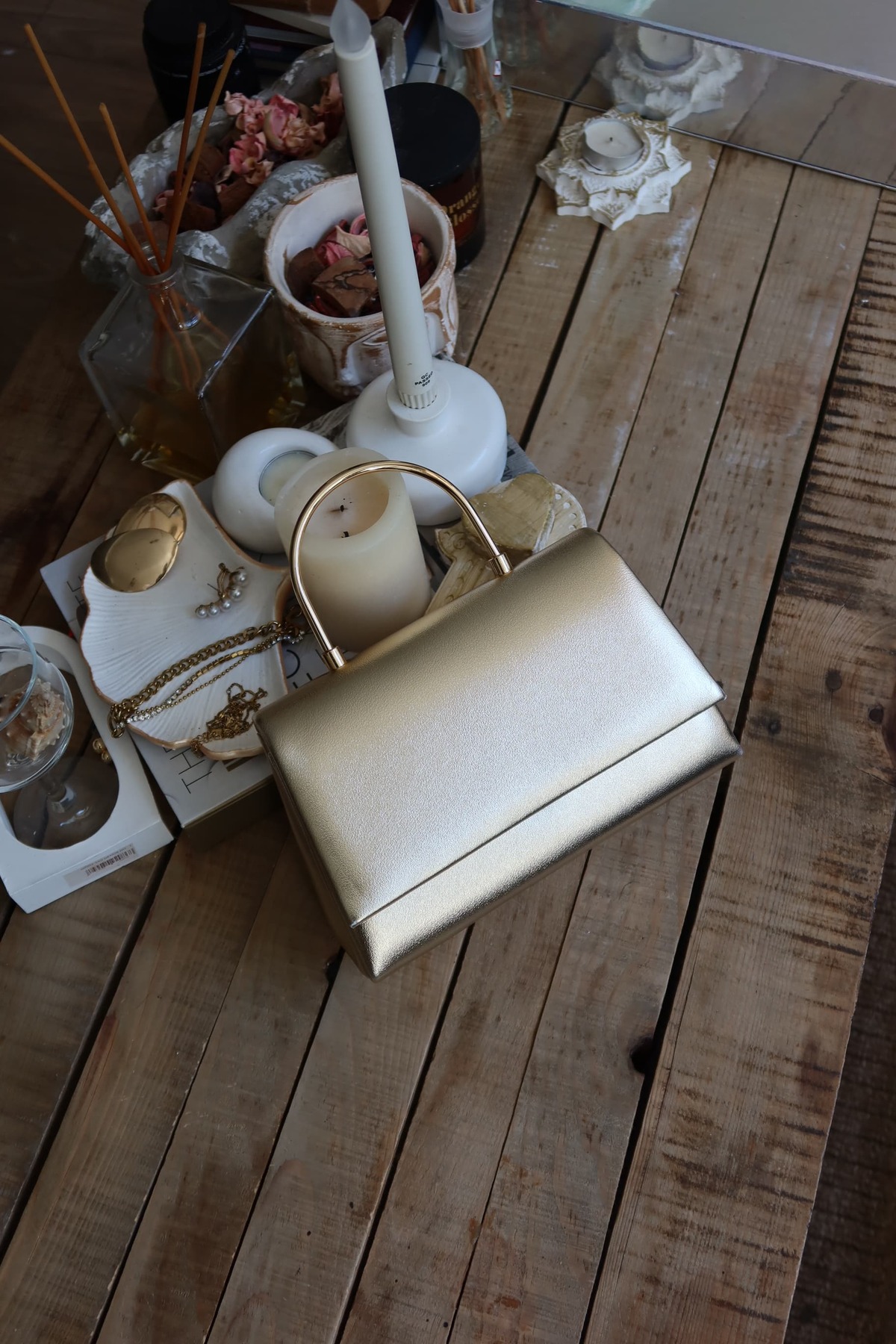Women's Gold Leather Hand & Shoulder Bag with Metal Handle Detail