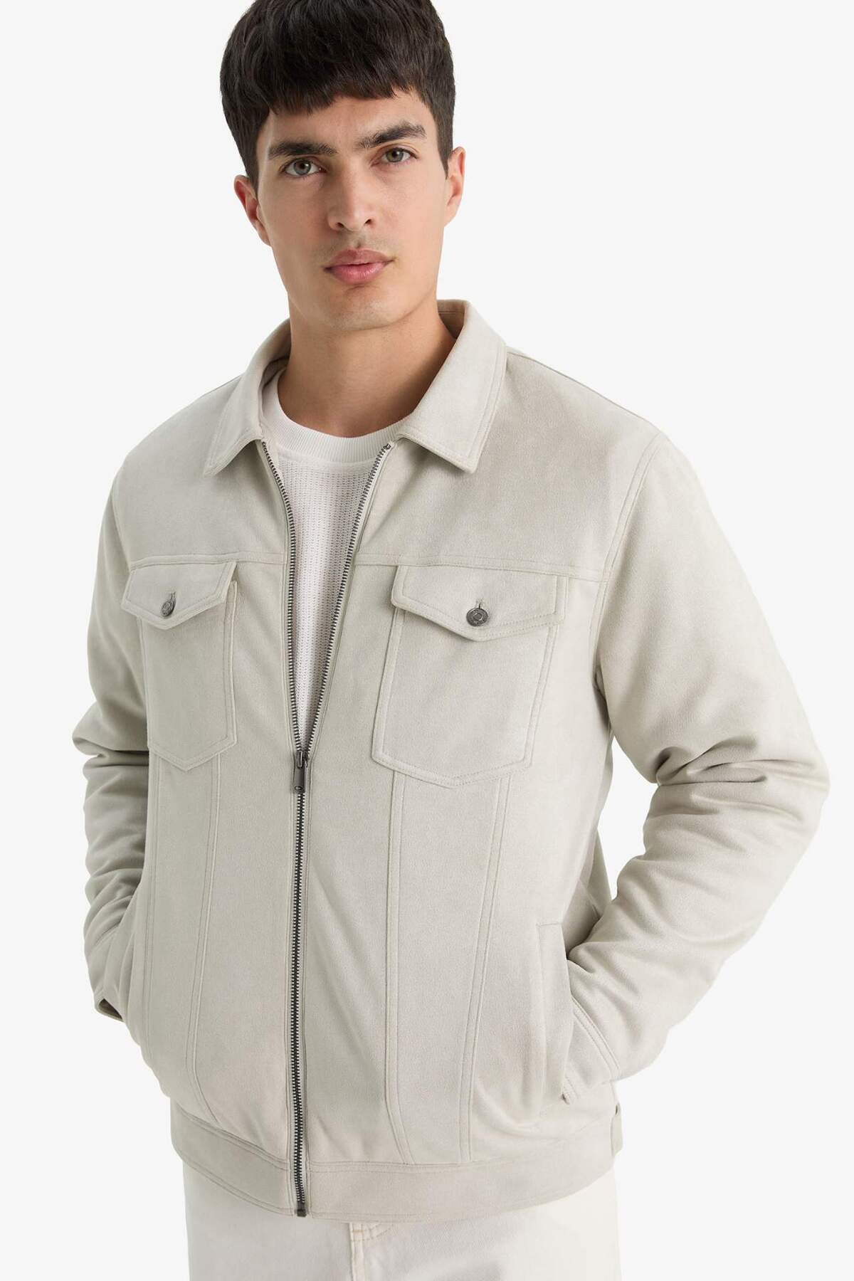 دفاکتو Slim Fit Slim Cut یقه زیپ دار داخل جیب کاپشن فصلی بهاره جیر A3254AX25AU