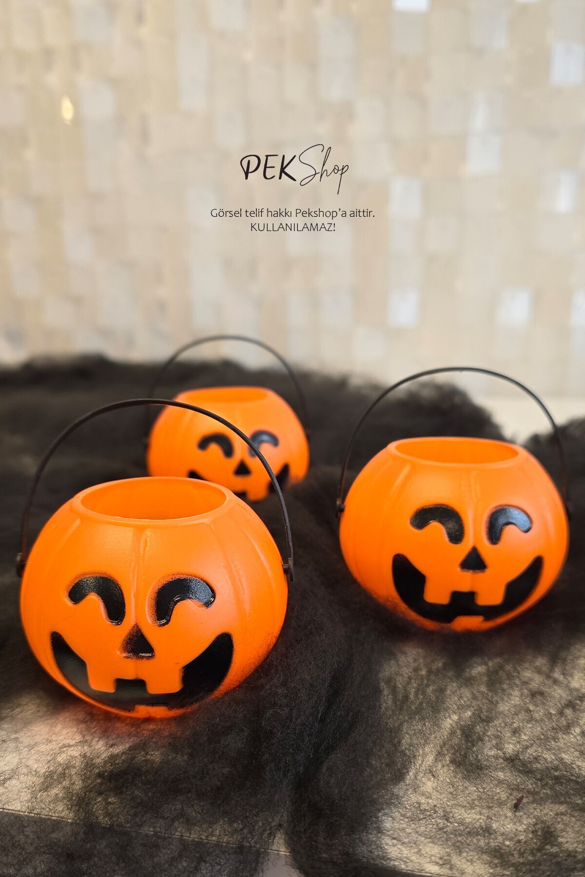 PEKSHOP Cadılar Bayramı Mini Şeker Kovası 3lü Paket Kulplu Kabak Kova Minik