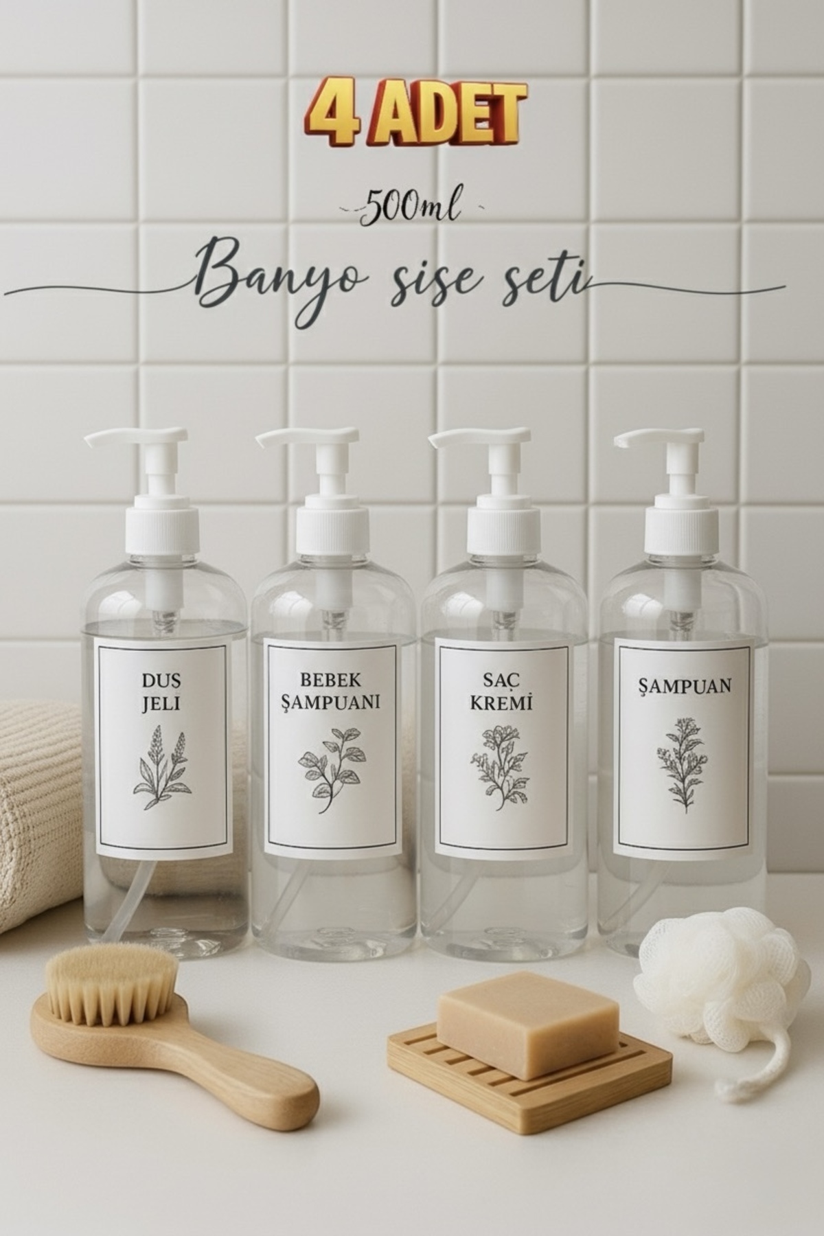 Dem Home 4 Lü Şeffaf Plastik Banyo Şişe Seti Şampuan-duş Jeli-saç Kremi-bebek Şampuanı 500 Ml Pompa Kapak fotoğrafı 2 (önizleme)