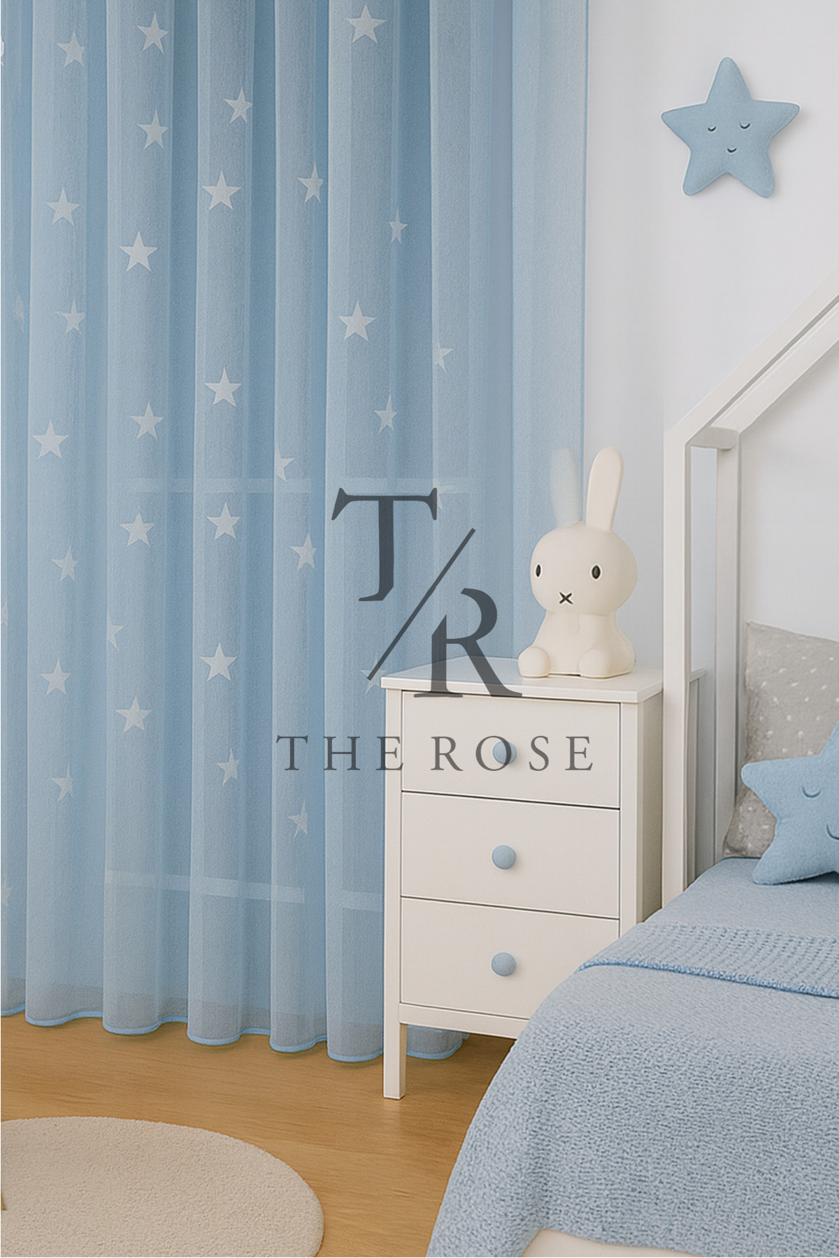 The Rose Mavi Yıldızlı Tül Perde, Erkek Çocuk Odası, Sık Pile, Düz, Sade, Tül Perde, Kornişli, Mavi fotoğrafı 3 (önizleme)