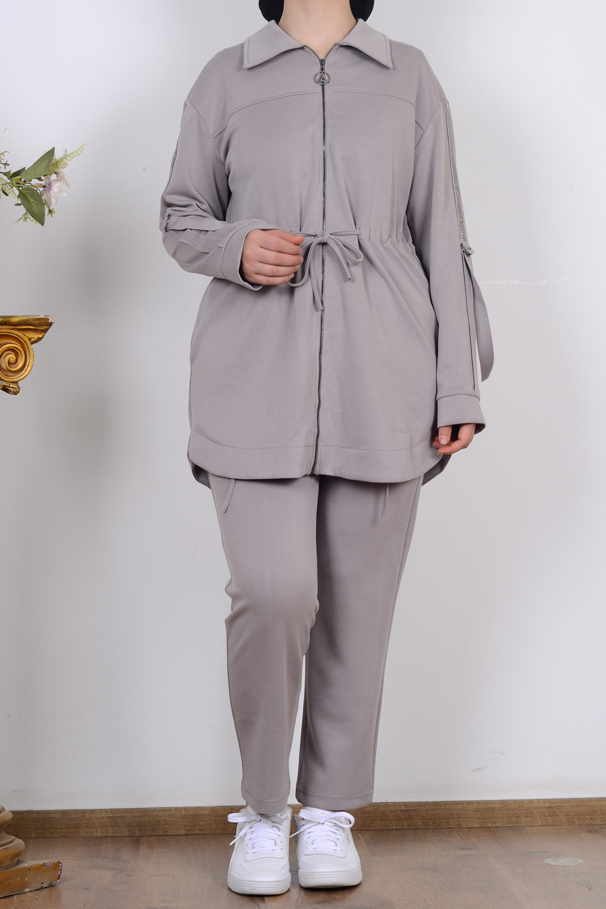 کت و شلوار دو لایه زنانه کمر دوزی شده با سنگ، مدل 25KT604 خاکستری Armine