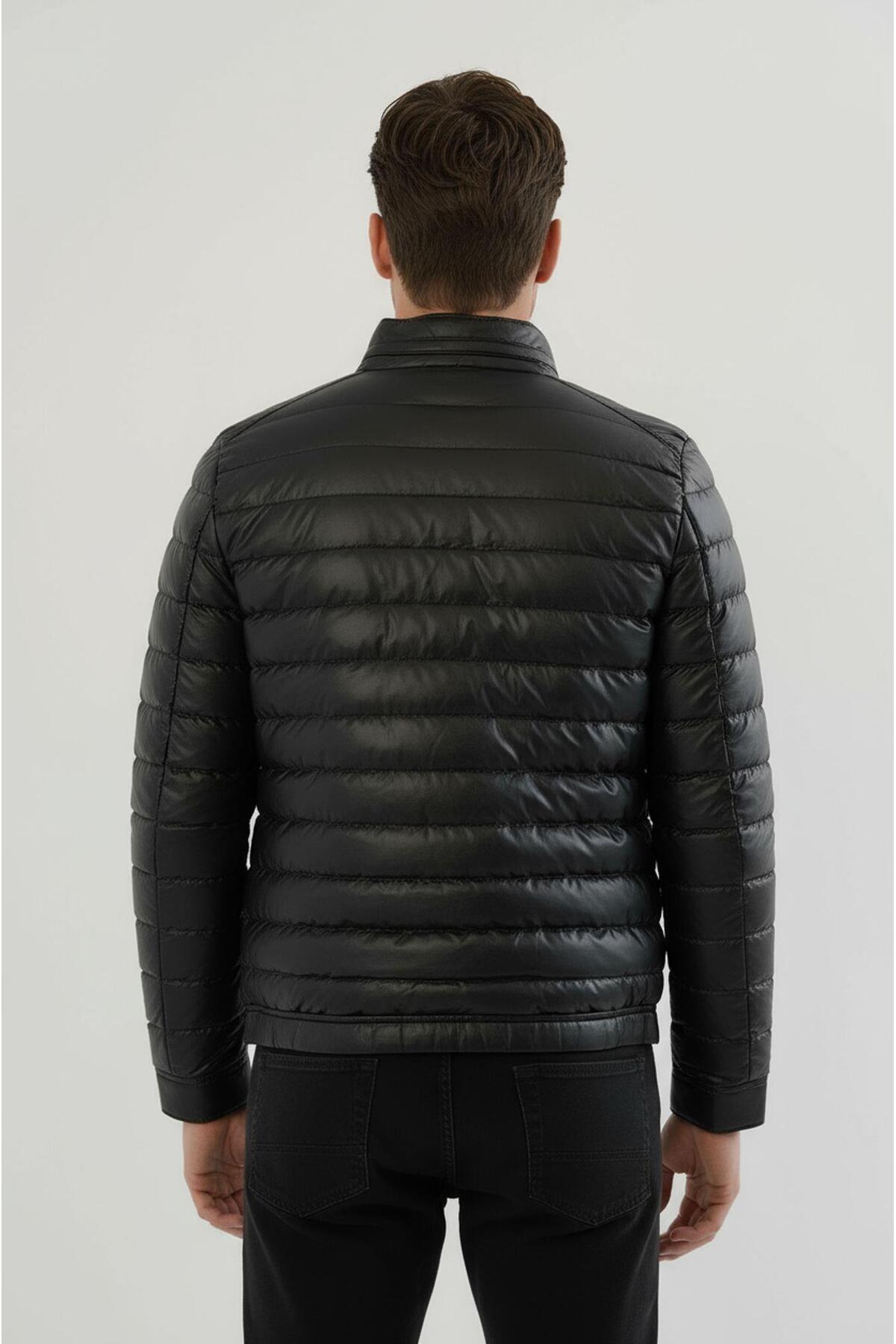 Erkek Siyah Slim Fit İçi Kalın Kürklü Su İtici Şişme Deri Ceket & Mont görsel 5