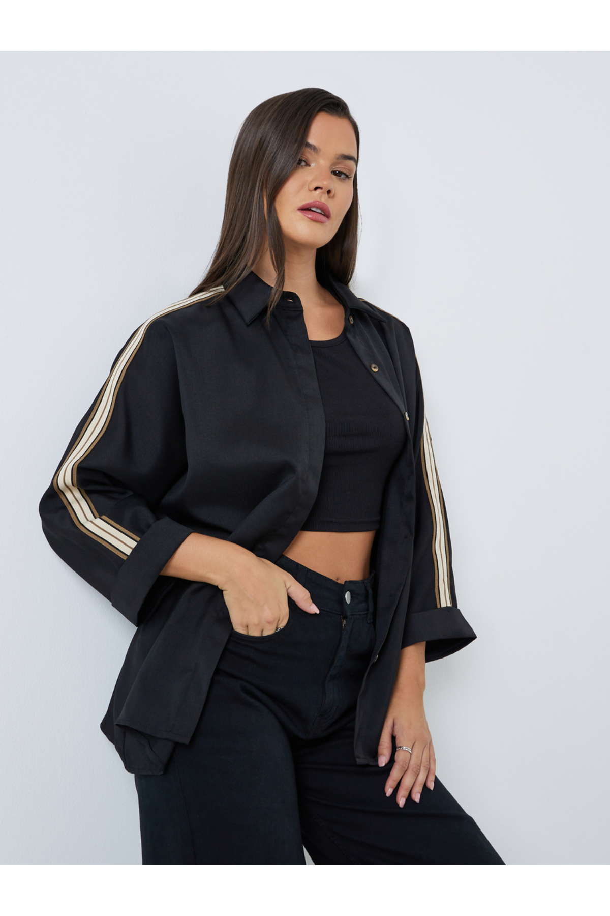Styli Women Black Relaxed Fit Shirt with Taping Sleeve