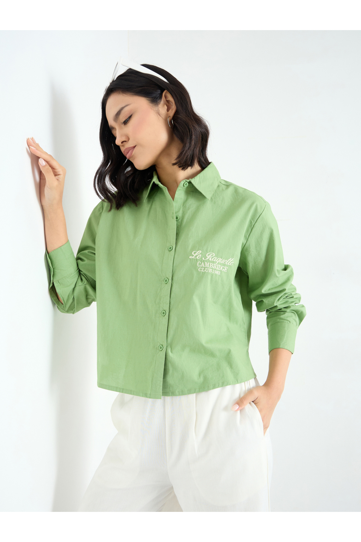 Styli Green Crop Poplin Shirt with Embroidery