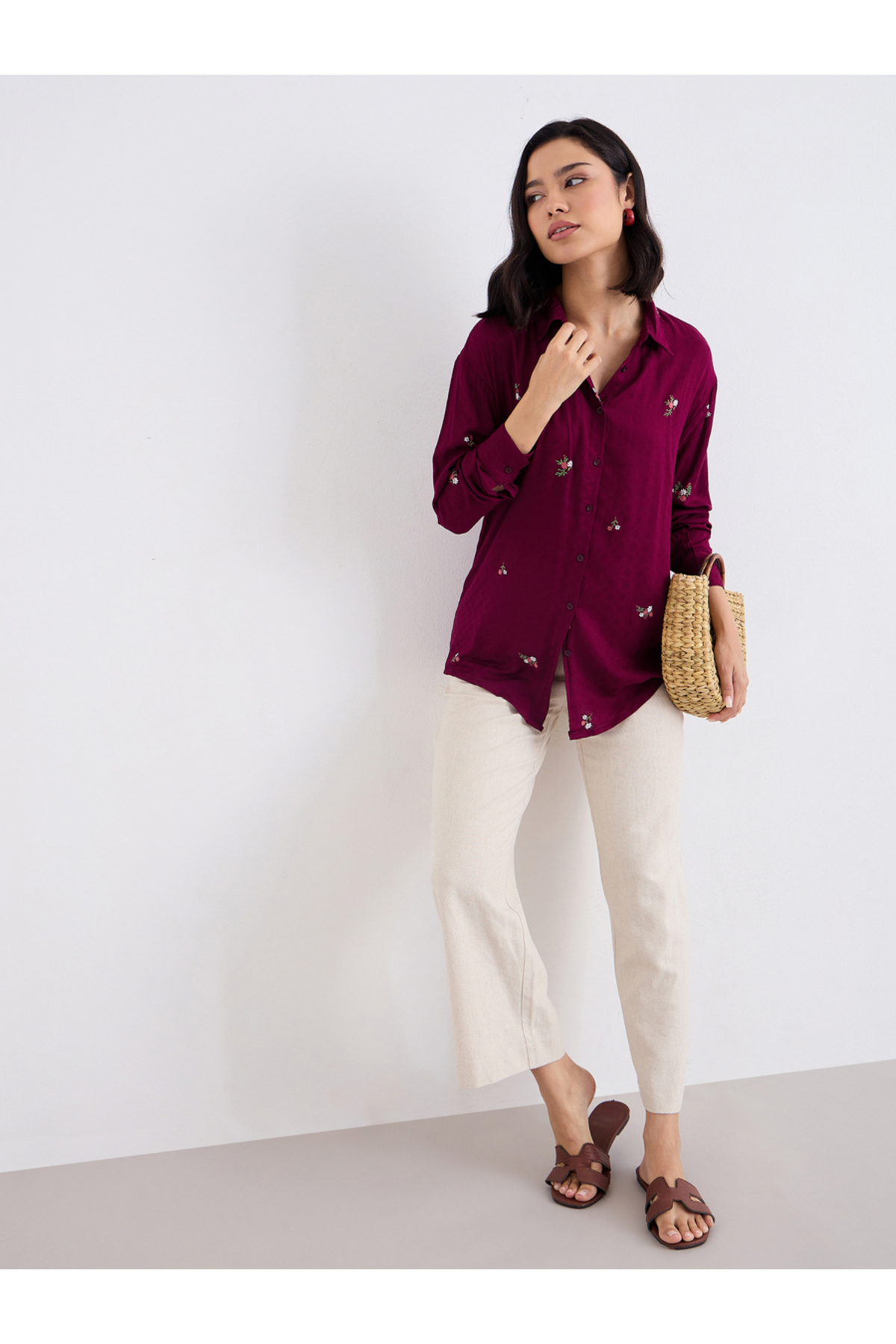 Styli Burgundy Embroidered Spread Collar Shirt