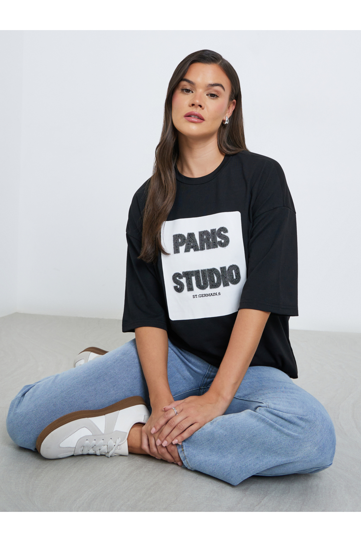 Styli Women Black Sequin Paris Oversized T-Shirt