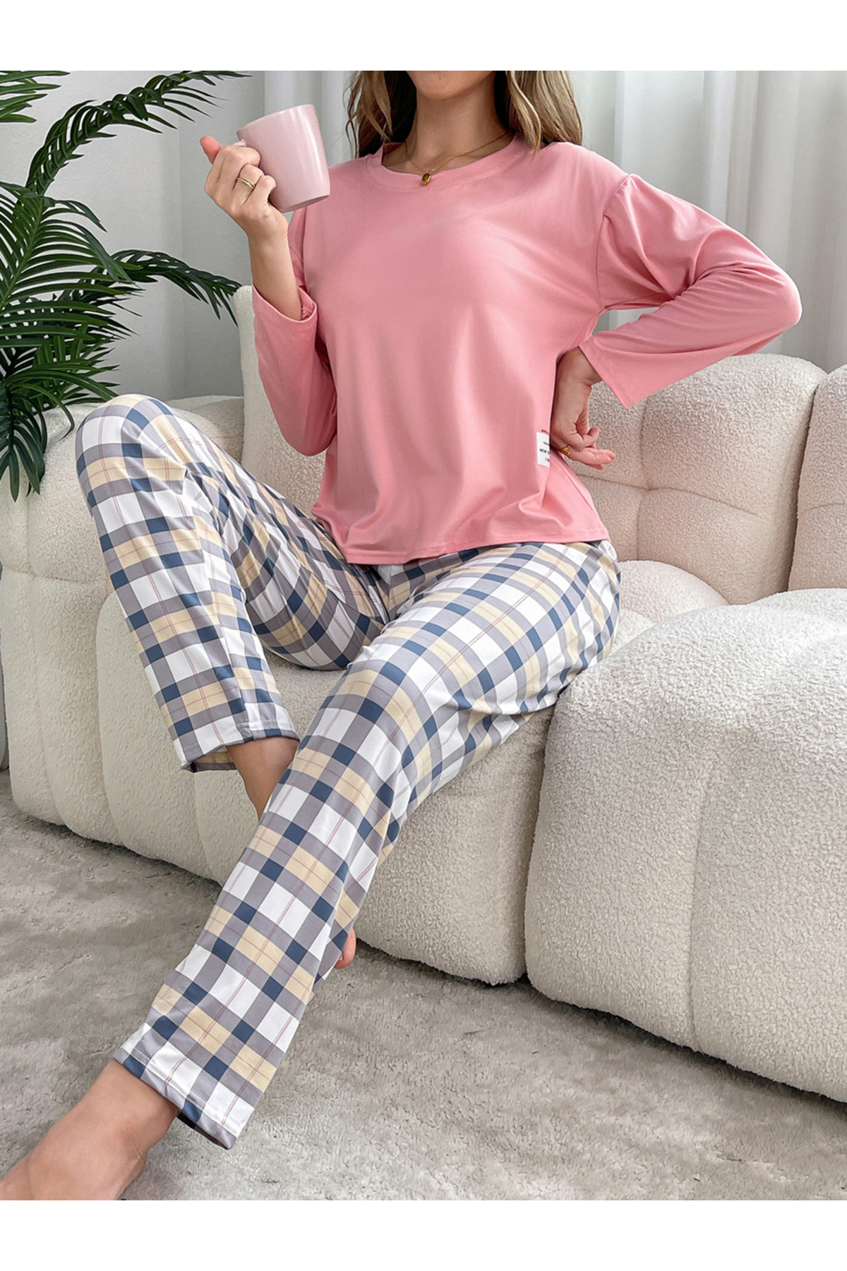 Take Two By Styli Pink Solid T-Shirt and Checked Pyjama Set
