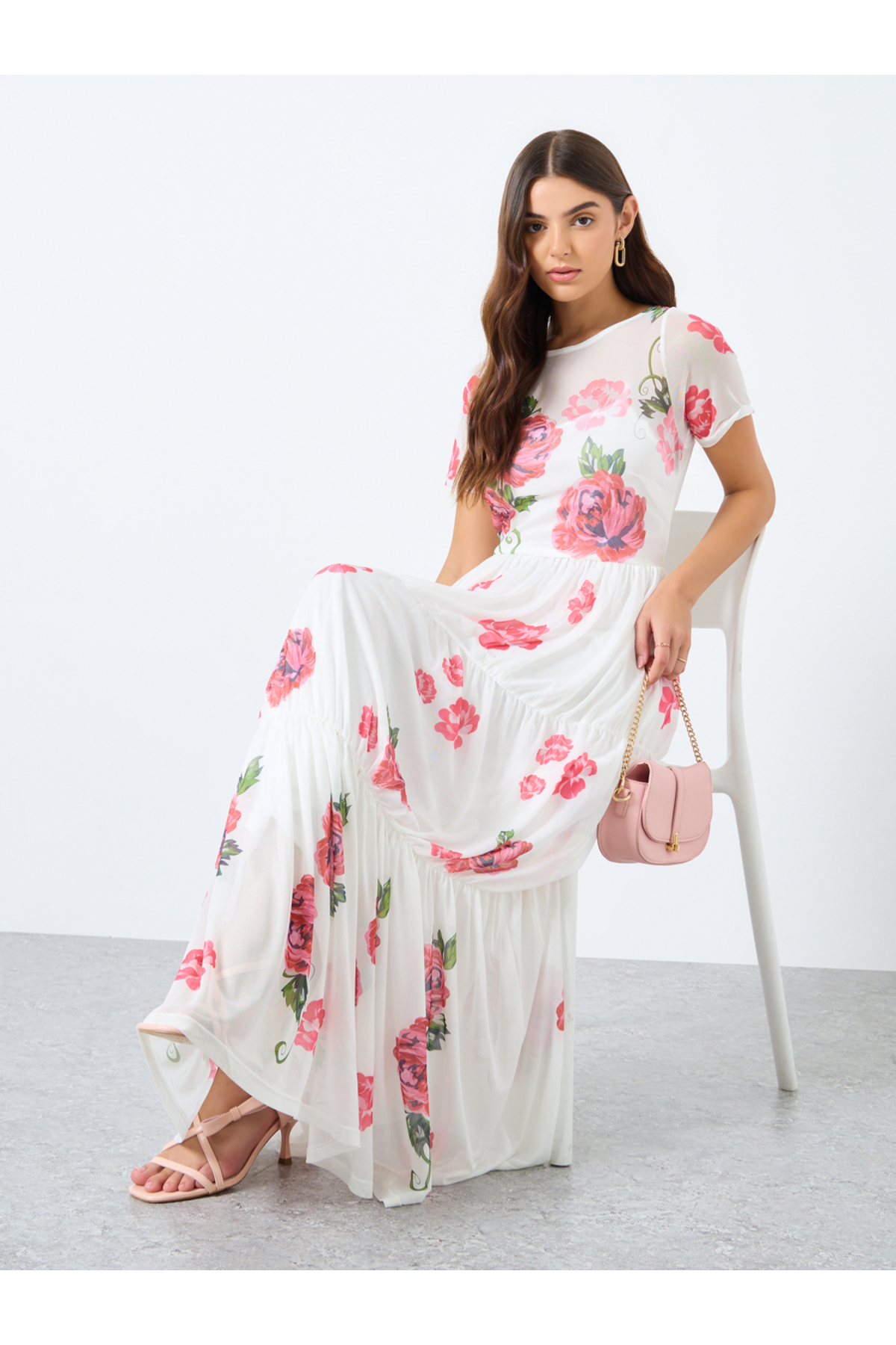 Styli Mesh Fabric Floral Print Tiered Maxi Dress