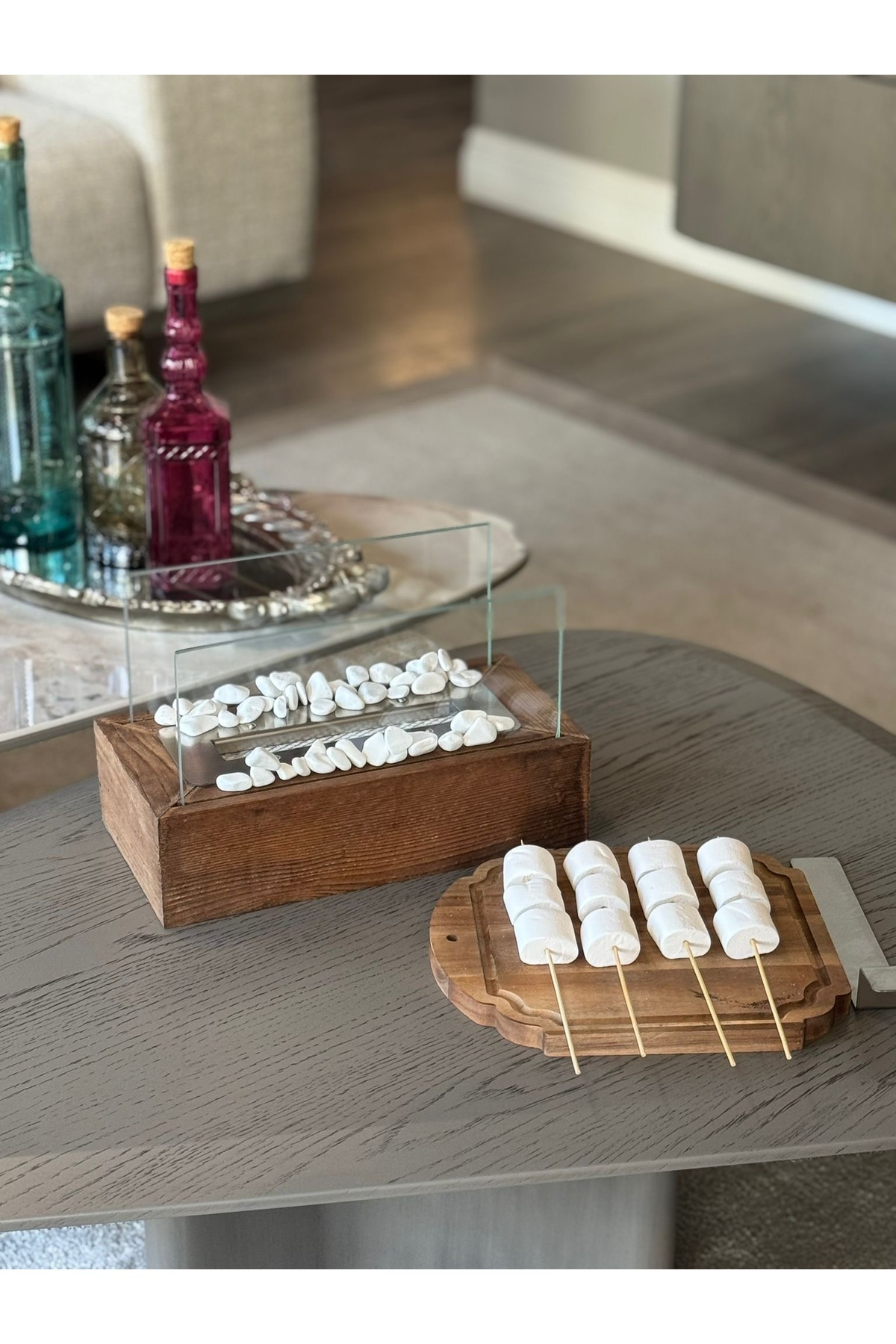 Lin Dekor Doğal Ahşap Masaüstü Şömine Yakıt + Taş Hediyeli