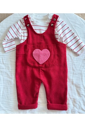 Bobby Baby Kalp Punch İşlemeli Salopet Takım - Kırmızı