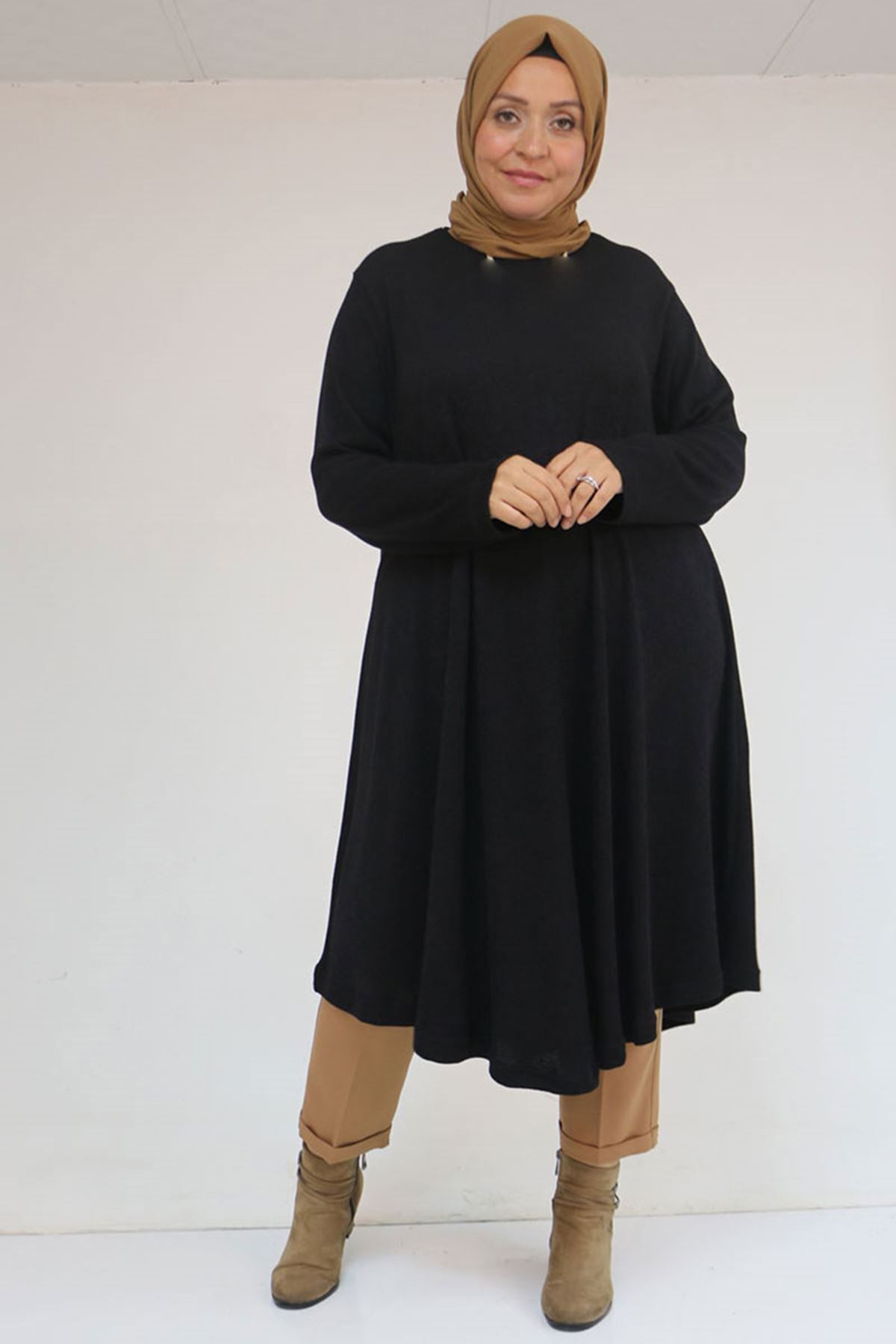 Eslina 58147 Büyük Beden Mevlana Kesim Mir Tunik - Siyah