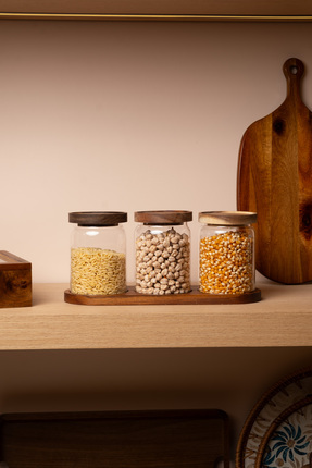 fecahome 3’lü Akasya Kapaklı ve Stantlı Cam Kavanoz Seti