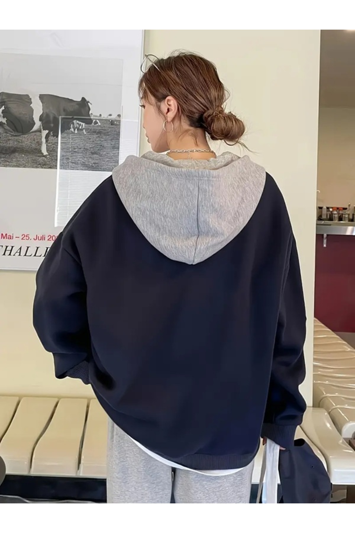 EXPECTED Unisex Lacivert Gri Kapüşonlu Oversize Mevsimlik 2 İp Hırka görsel 6
