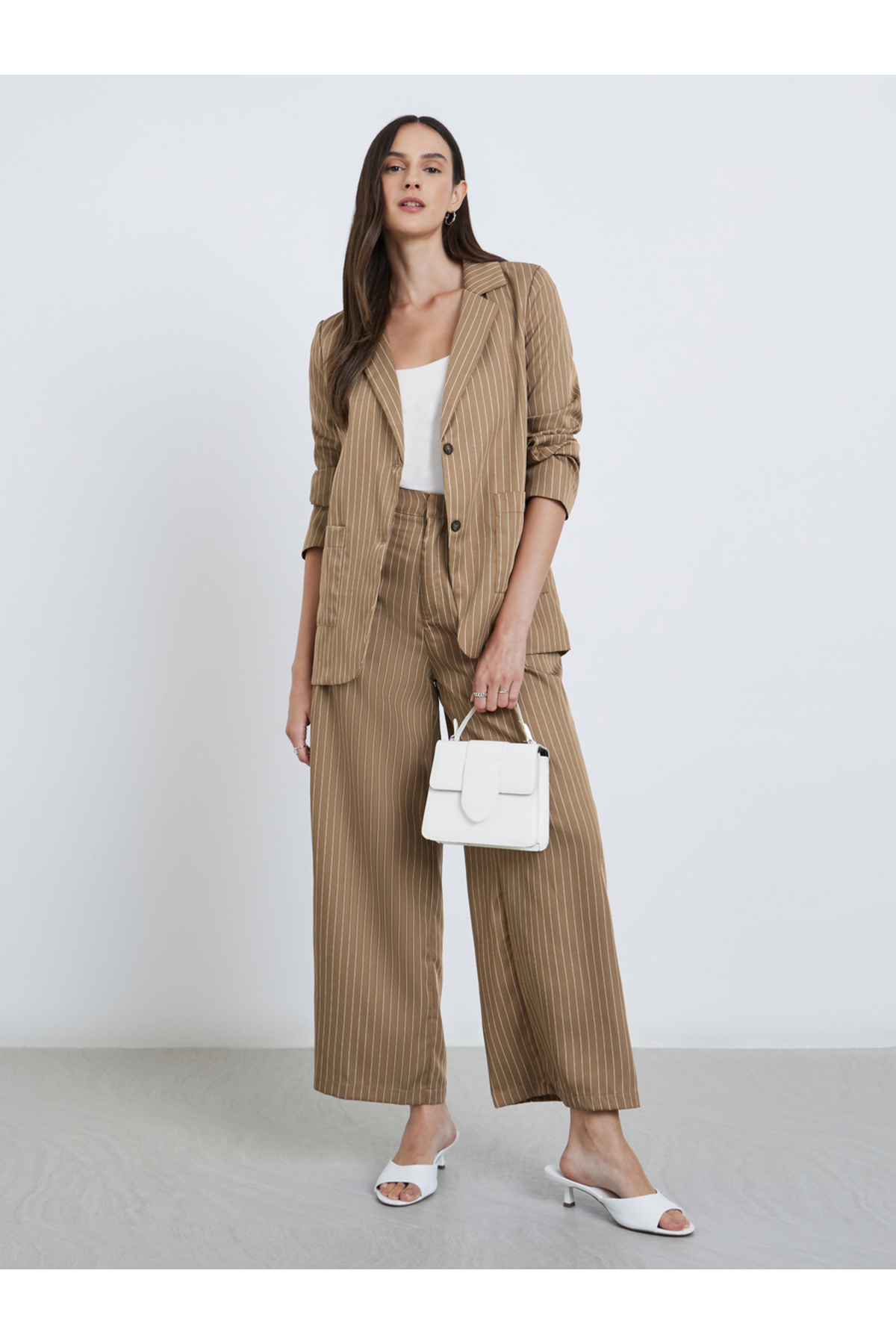 Styli Tan Pinstripe Wide Leg Pants