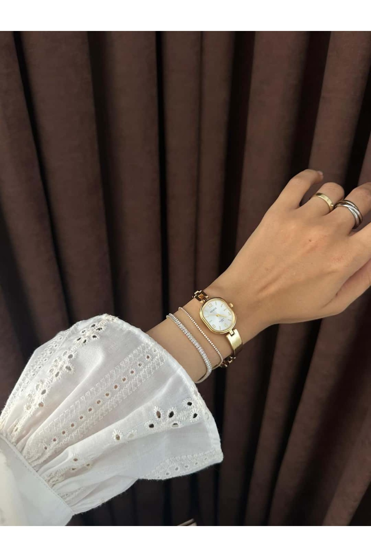 MERW Pera Model Gold Beyaz Renk Vintage Seri Metal Kordon Kadın Kol Saati görsel 6