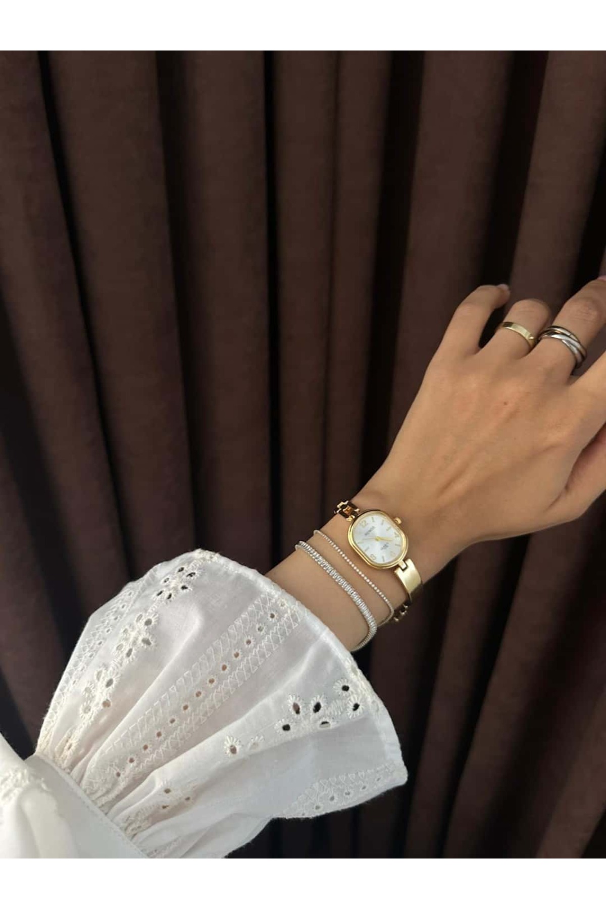 MERW Pera Model Gold Beyaz Renk Vintage Seri Metal Kordon Kadın Kol Saati görsel 5