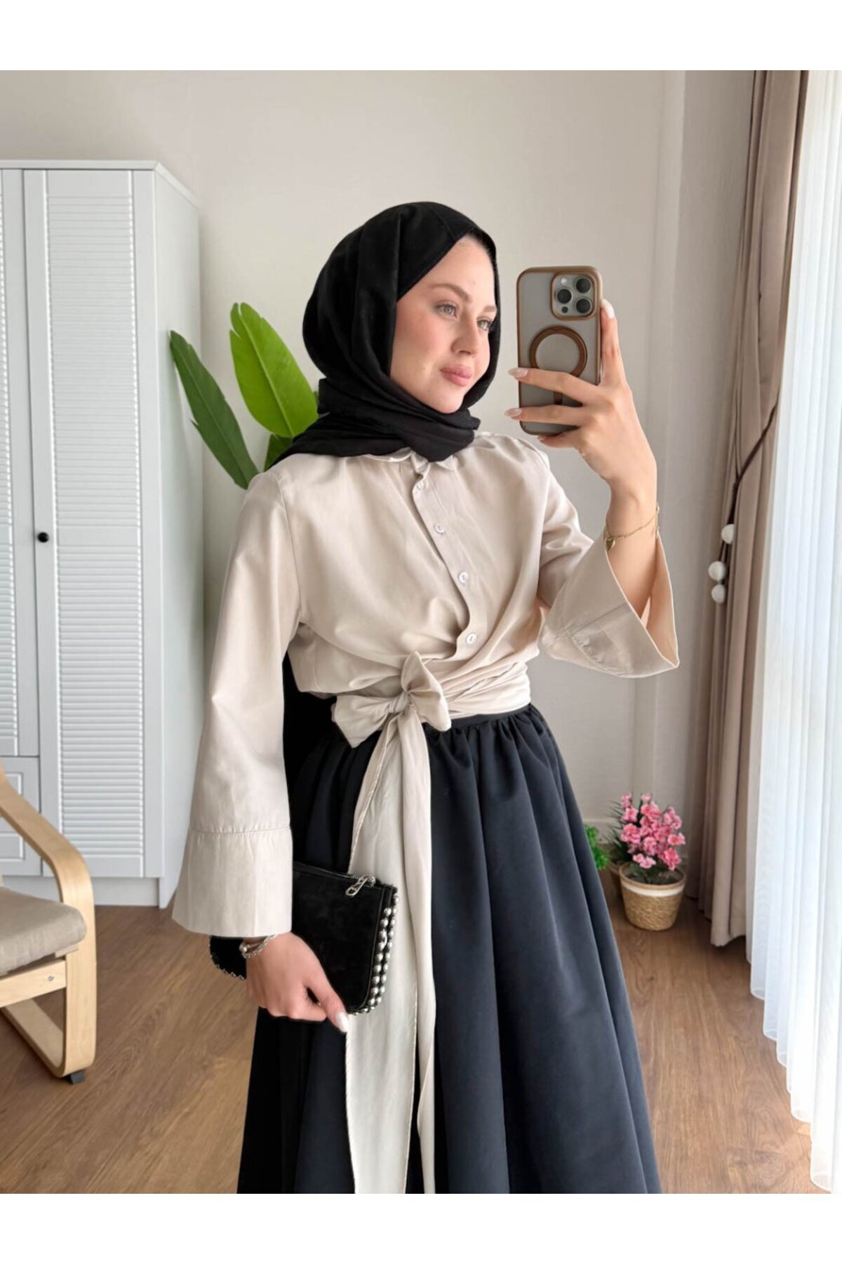 Miraydın Butik Kadın Bel Bağlamalı Kuşaklı Etek Üstü Gömlek M202 - Bej