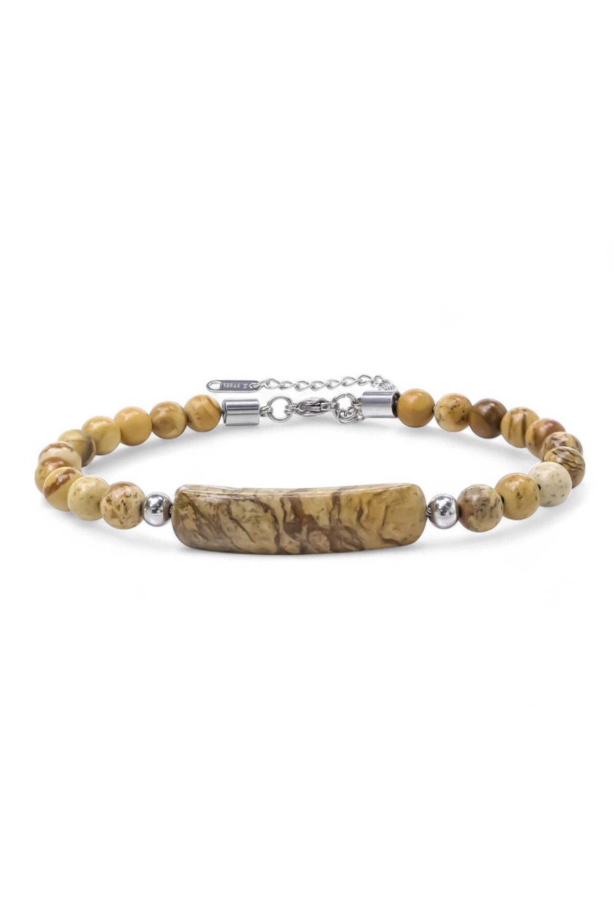 Men's Wooden Jasper Natural Stone 21cm (19+3) Adjustable Steel Bracelet
