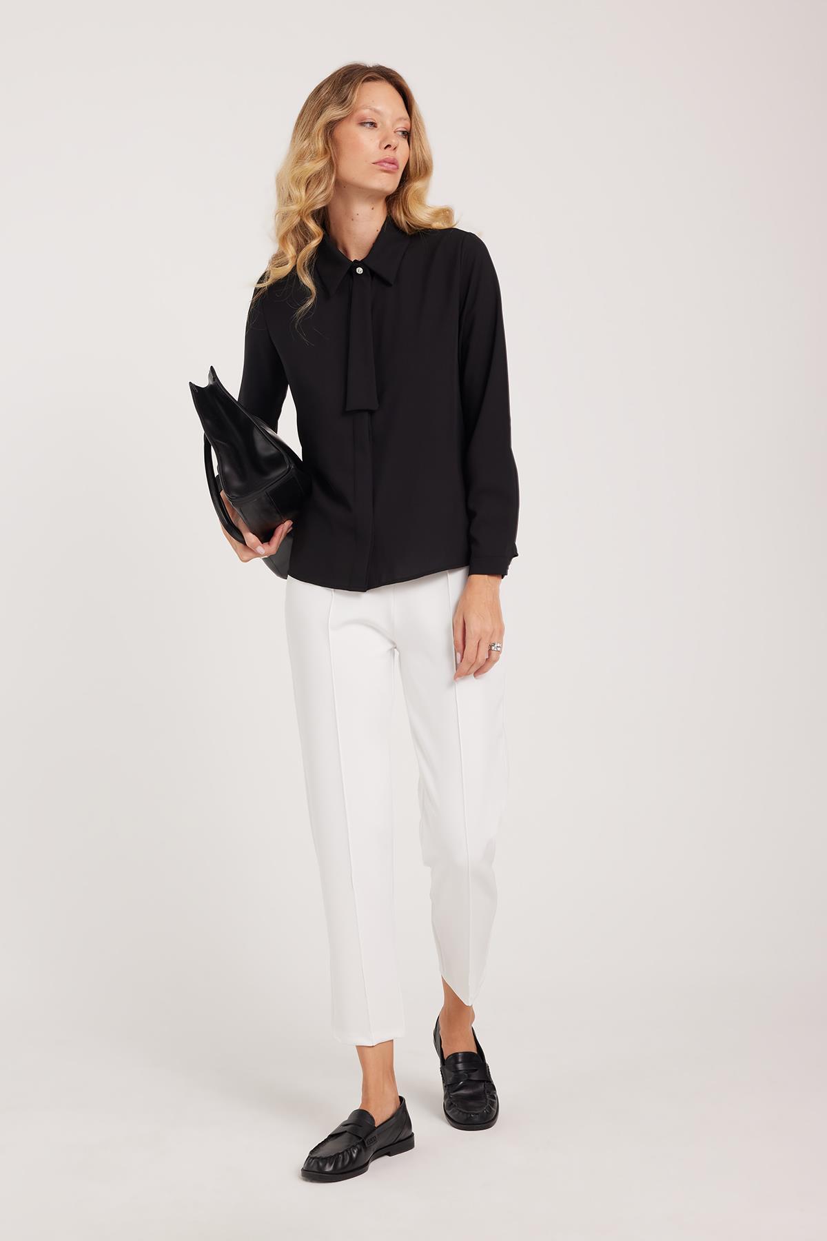 Tudors  Kadın Relax Fit Rahat Kesim Yüksel Bel Düz Paça Beli Lastikli Beyaz Pantolon - Görsel 5