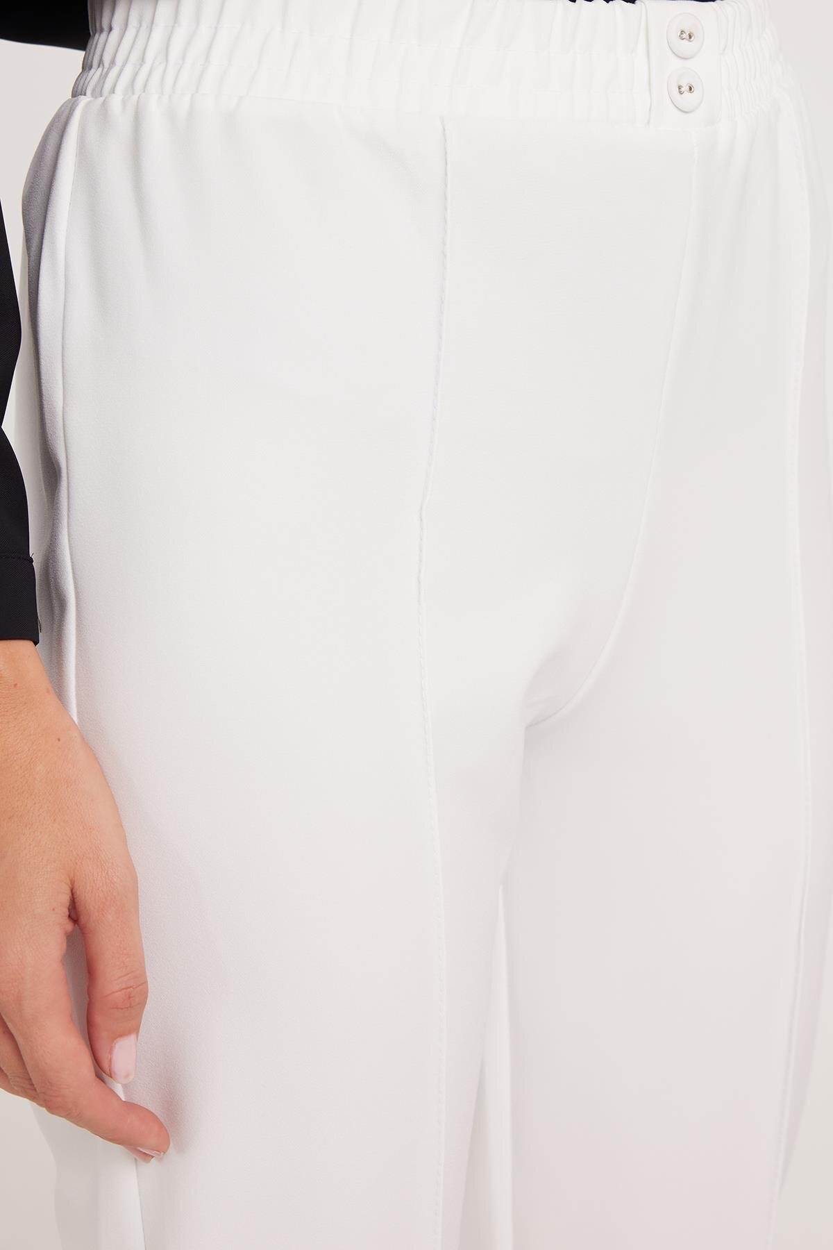 Tudors  Kadın Relax Fit Rahat Kesim Yüksel Bel Düz Paça Beli Lastikli Beyaz Pantolon - Görsel 4