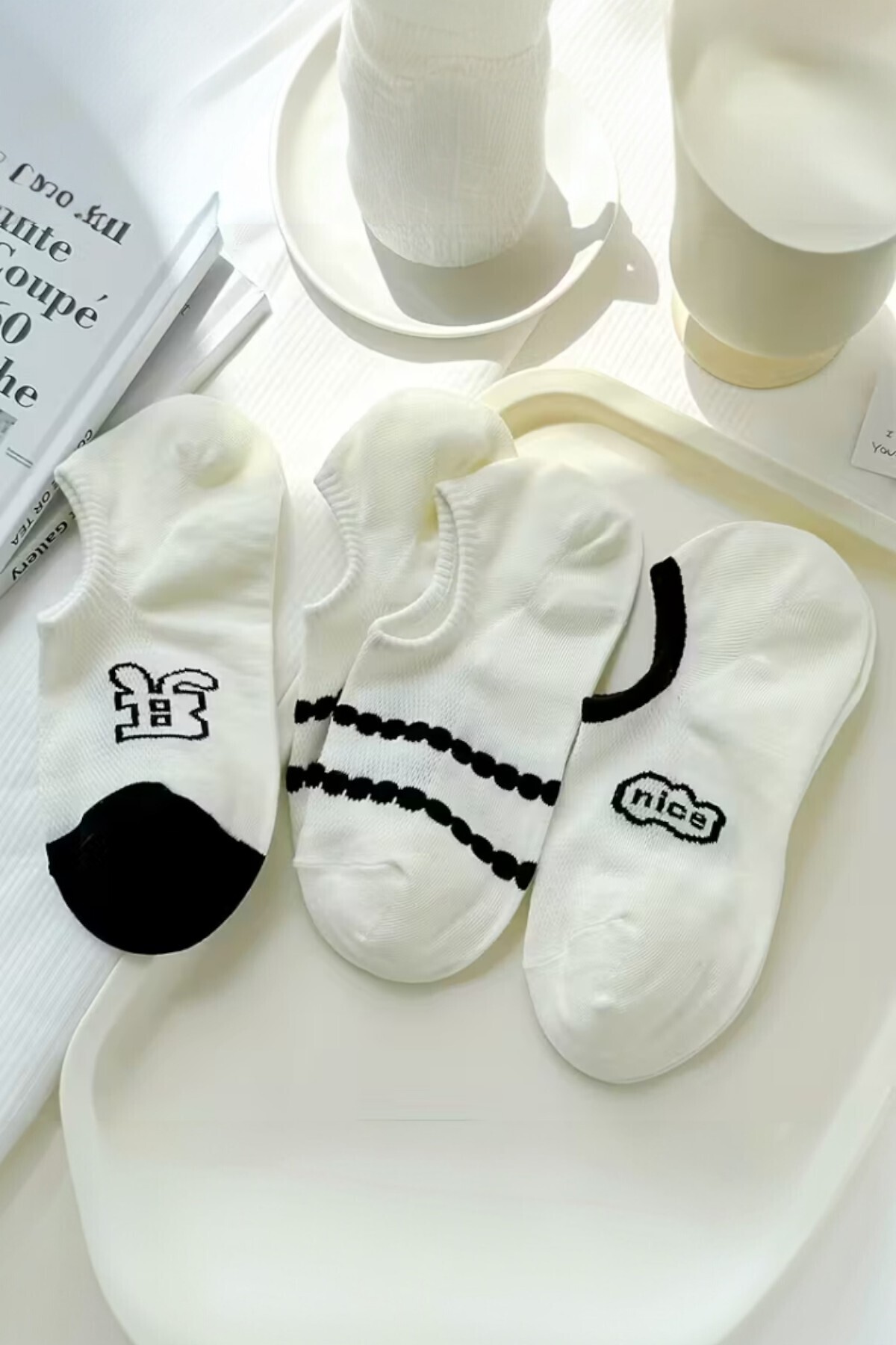 Hitit Socks Kadın 5 Çift Premium Karikatür ve Harf Desenli Yüksek Pamuklu Görünmez Babet Çorap görsel 2