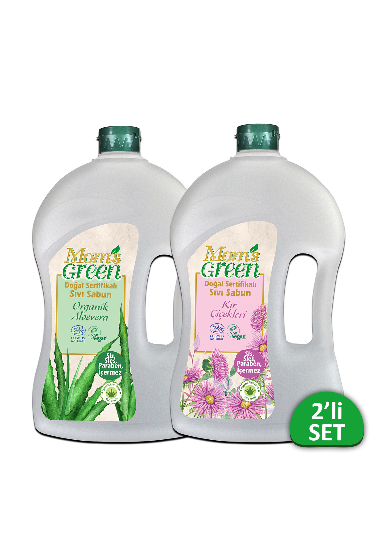 Mom's Green 2'li Set Doğal Sertifikalı Sıvı Sabun-Aloevera ve Kır Çiçekleri (1.5 Lt x 2 Adet) EcoCos