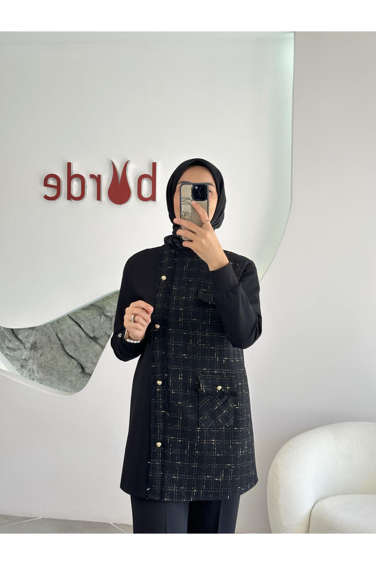 Trend Tüvit Kumaş Garnili Tunik 25KT415-1 Siyah