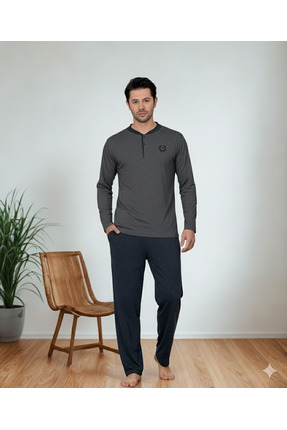 PİJAMUS Erkek Uzun Kollu Düğmeli Pamuklu Pijama Takımı