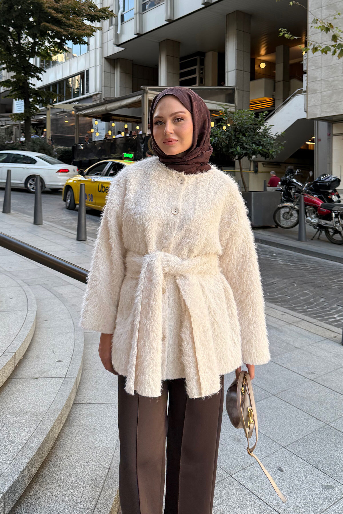 LOCCO Kadın Kuşak Detaylı Hırka Krem