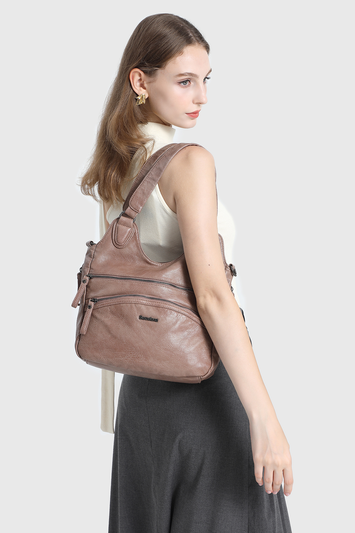 Barcelona Casual Women Hand and Shoulder Bag Long Strap Multi Pockets 1893 Mink