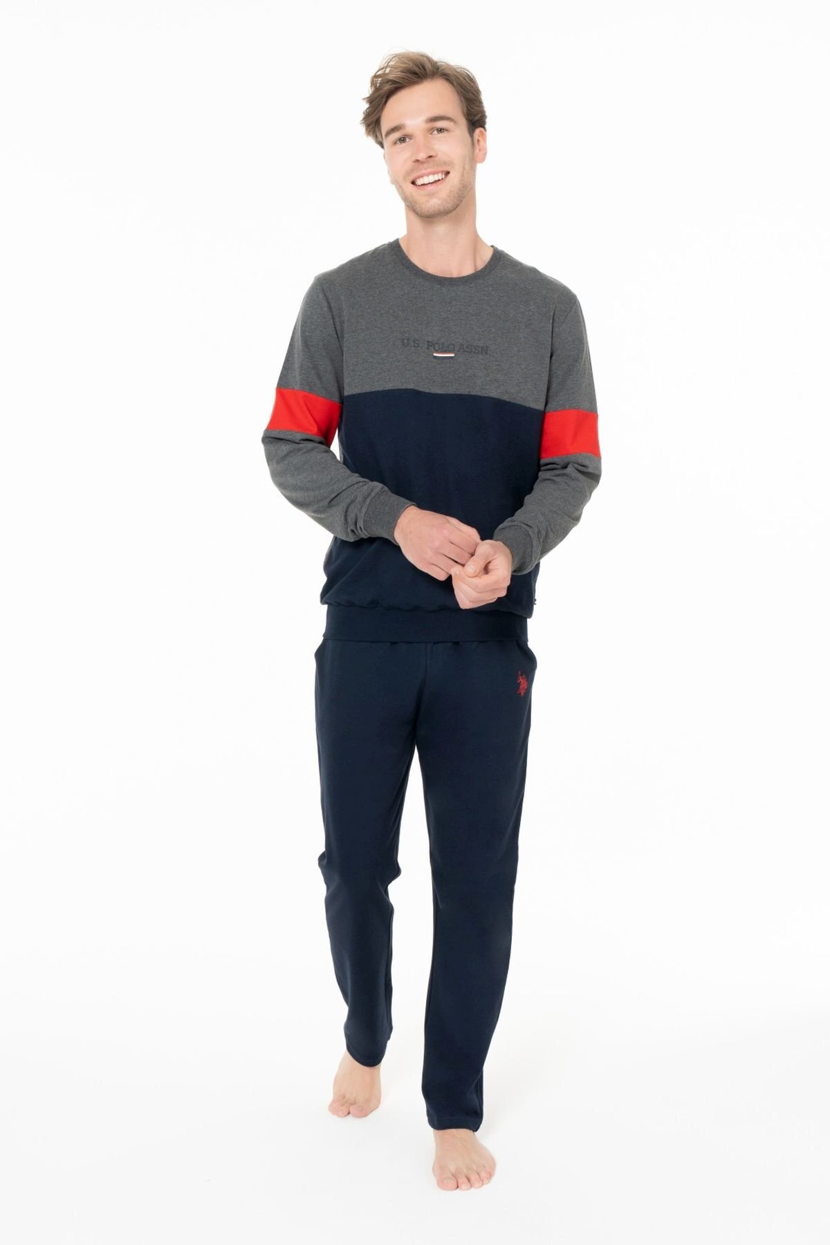 یو اس پولو ست لباس خواب مردانه آستین بلند یقه گرد ملانژ آنتراسیت کد ۱۸۹۳۰